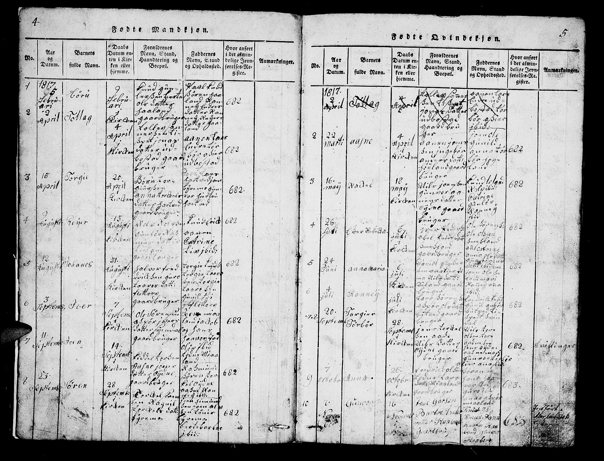 Bjelland sokneprestkontor, SAK/1111-0005/F/Fb/Fbc/L0001: Klokkerbok nr. B 1, 1815-1870, s. 4-5