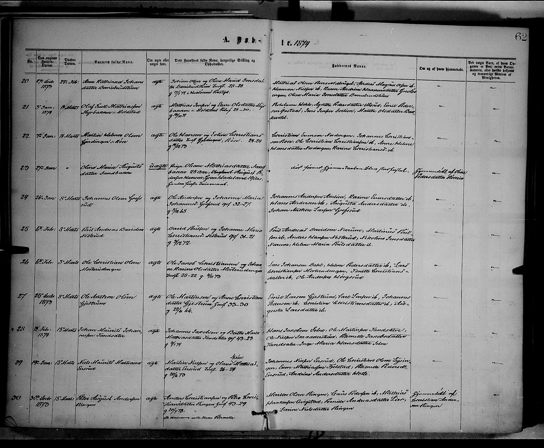Vestre Toten prestekontor, SAH/PREST-108/H/Ha/Haa/L0008: Ministerialbok nr. 8, 1870-1877, s. 62