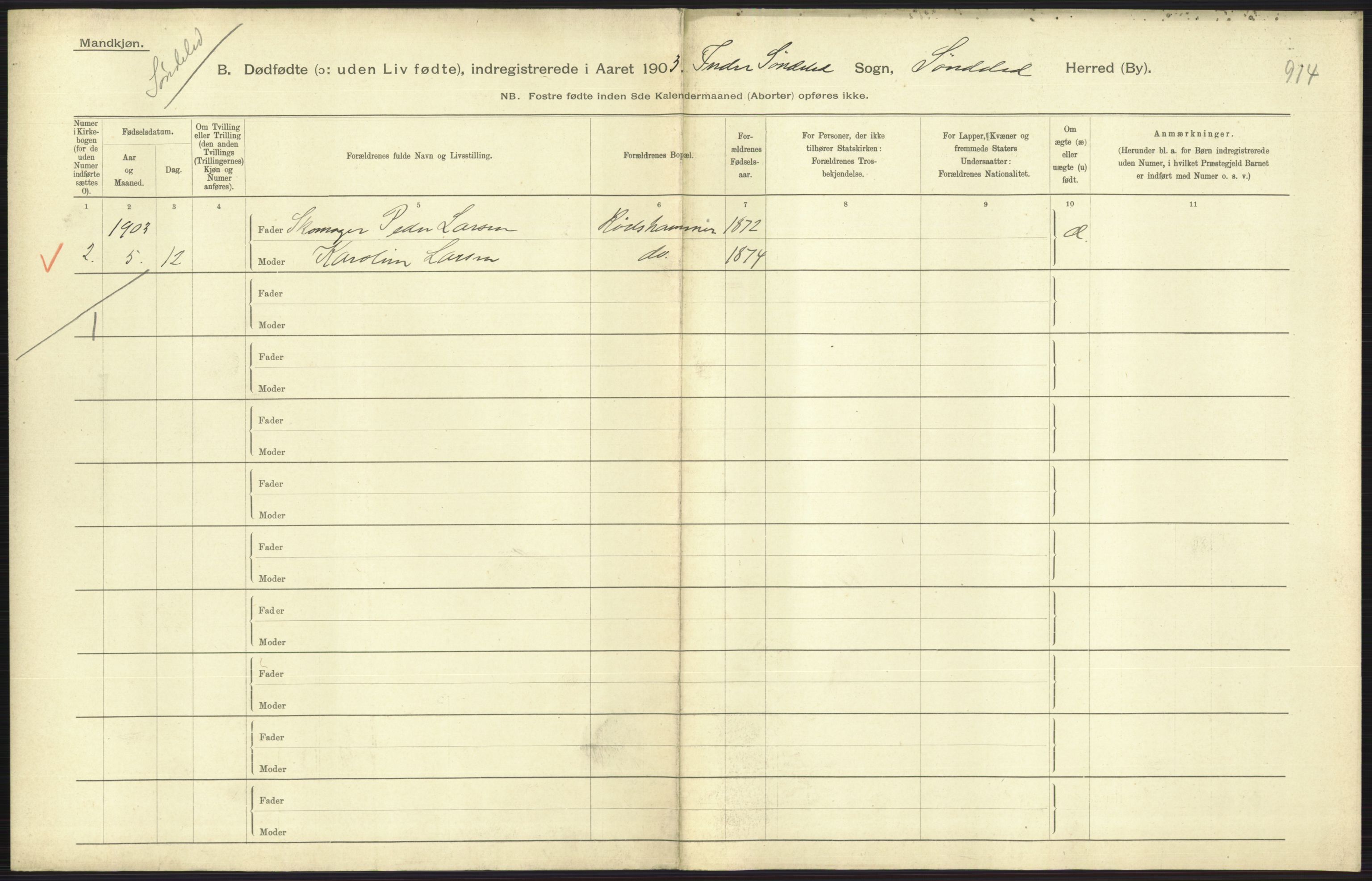 Statistisk sentralbyrå, Sosiodemografiske emner, Befolkning, AV/RA-S-2228/D/Df/Dfa/Dfaa/L0024: Smålenenes - Stavanger amt: Dødfødte. Bygder., 1903, s. 475