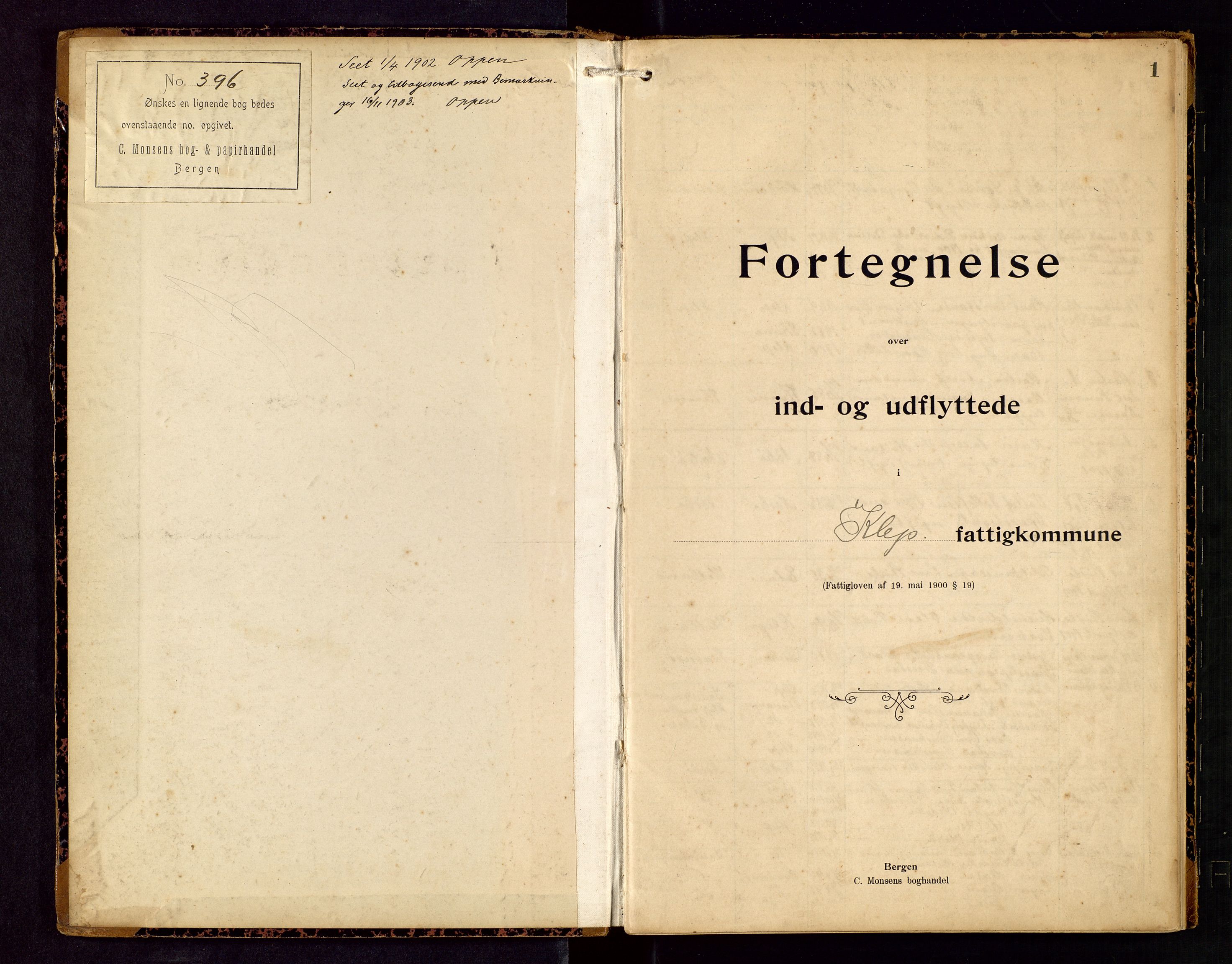 Klepp lensmannskontor, SAST/A-100163/Gw/L0001: "Fortegnelse over ind- og udflyttede i Kleps fattigkommune", 1900-1917, s. 1