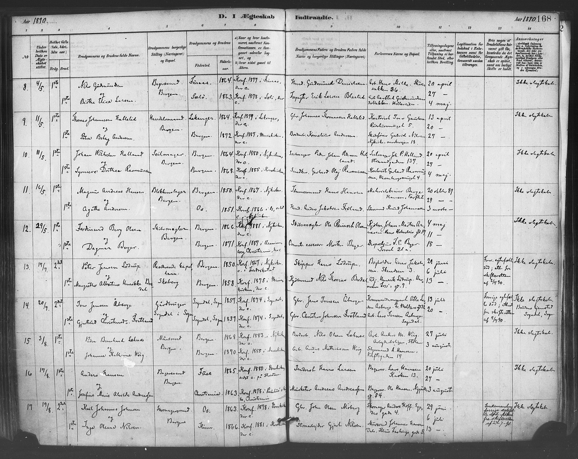 Mariakirken Sokneprestembete, AV/SAB-A-76901/H/Haa/L0007: Ministerialbok nr. A 7, 1878-1893, s. 168