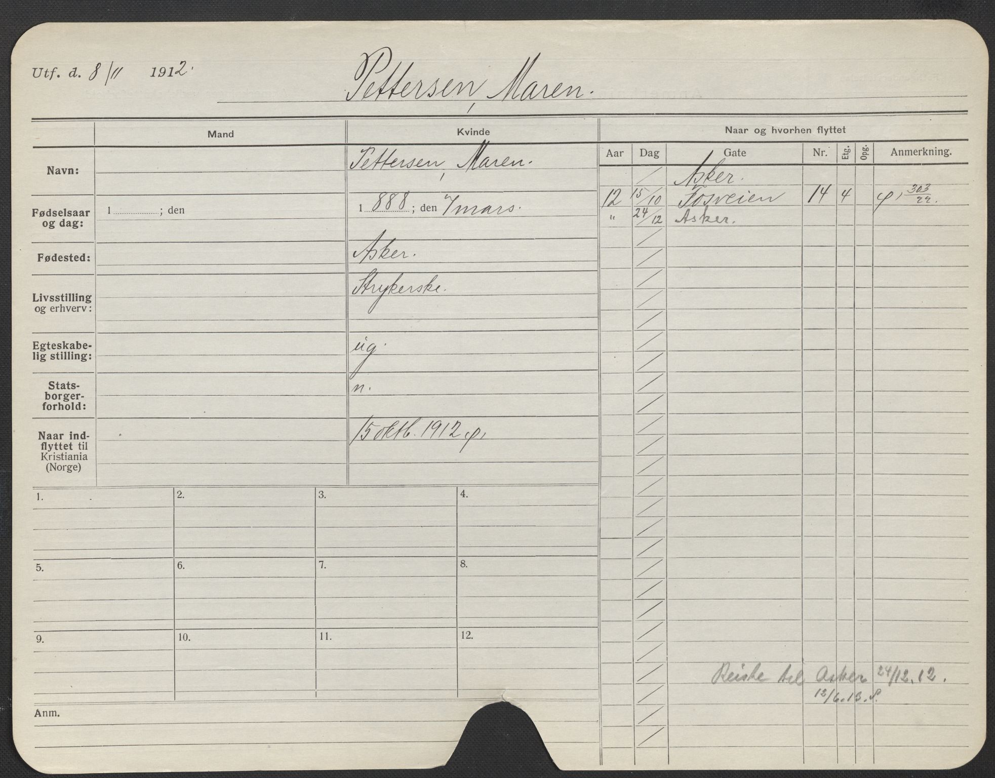 Oslo folkeregister, Registerkort, AV/SAO-A-11715/F/Fa/Fac/L0022: Kvinner, 1906-1914, s. 1002a