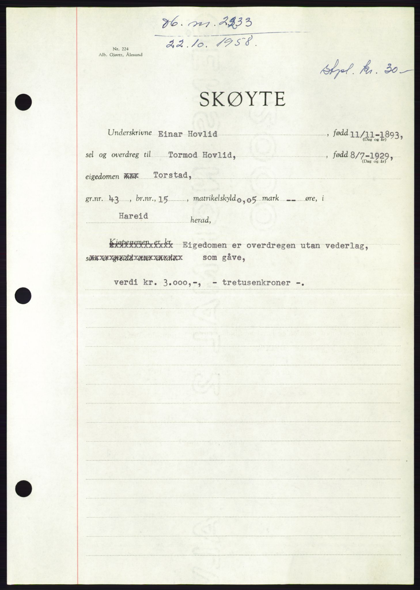 Søre Sunnmøre sorenskriveri, AV/SAT-A-4122/1/2/2C/L0110: Pantebok nr. 36A, 1958-1958, Dagboknr: 2233/1958