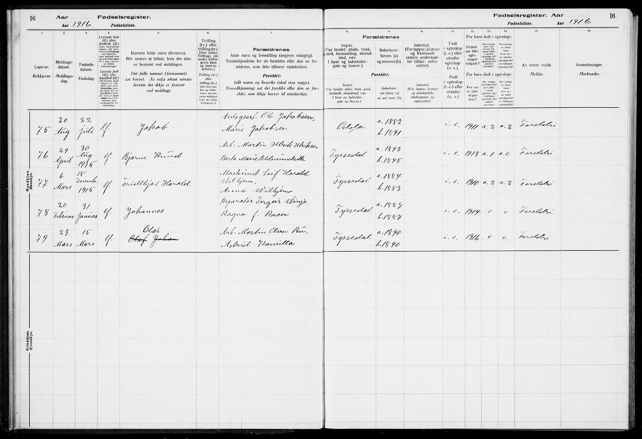 Odda Sokneprestembete, SAB/A-77201/I/Id/L00A1: Fødselsregister nr. A 1, 1916-1925, s. 16