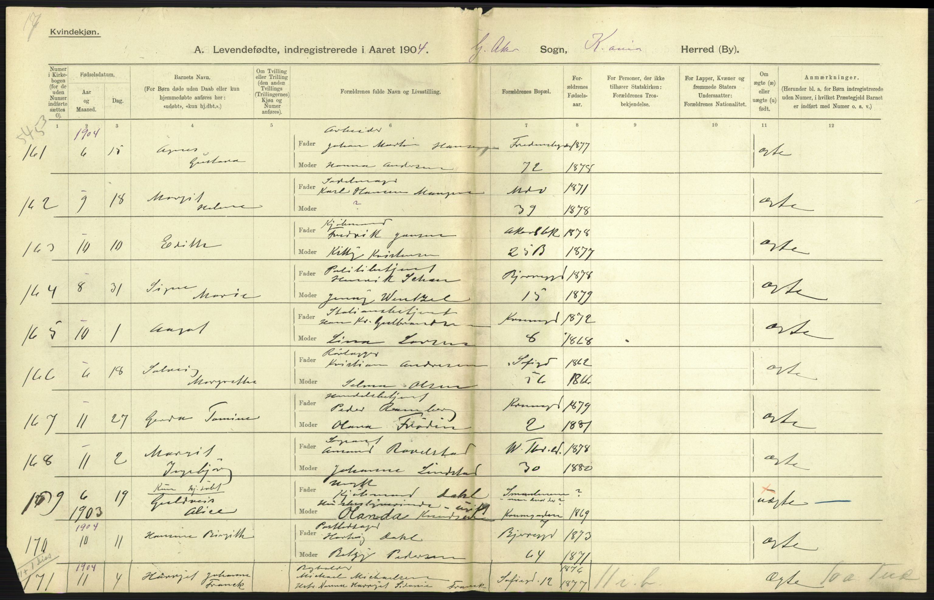 Statistisk sentralbyrå, Sosiodemografiske emner, Befolkning, AV/RA-S-2228/D/Df/Dfa/Dfab/L0003: Kristiania: Fødte, 1904, s. 889