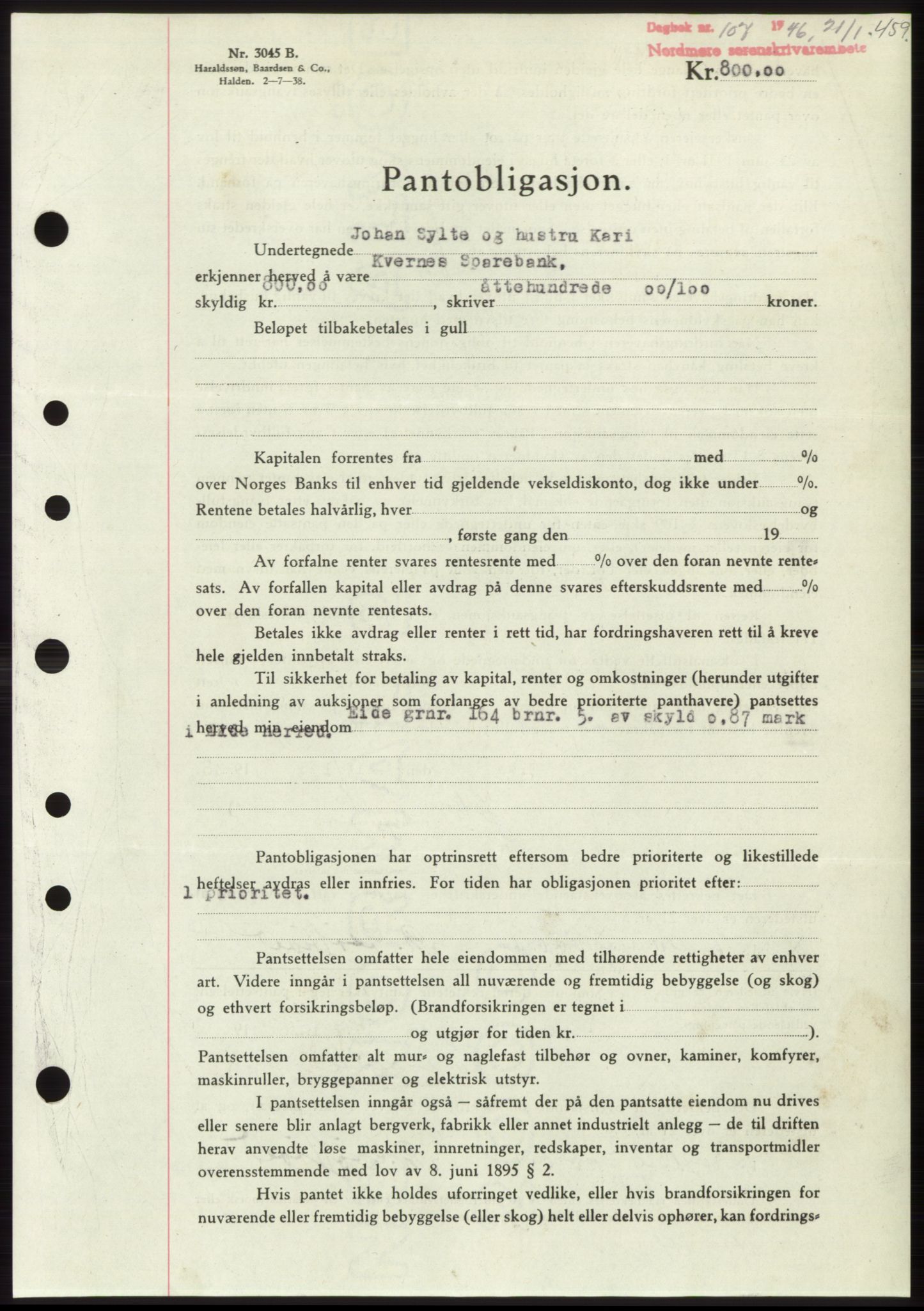 Nordmøre sorenskriveri, SAT/A-4132/1/2/2Ca: Pantebok nr. B93b, 1946-1946, Dagboknr: 107/1946