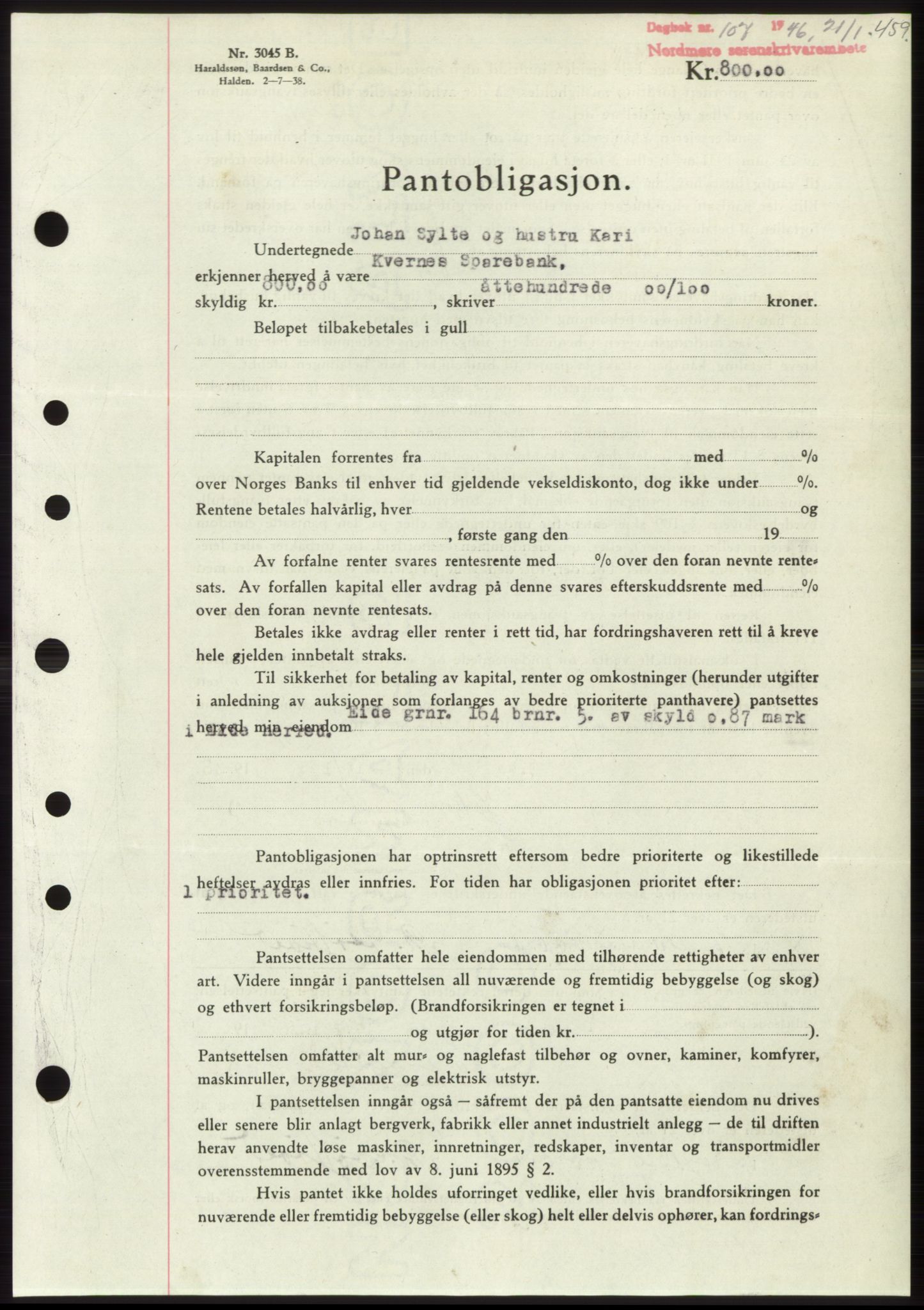 Nordmøre sorenskriveri, AV/SAT-A-4132/1/2/2Ca: Pantebok nr. B93b, 1946-1946, Dagboknr: 107/1946