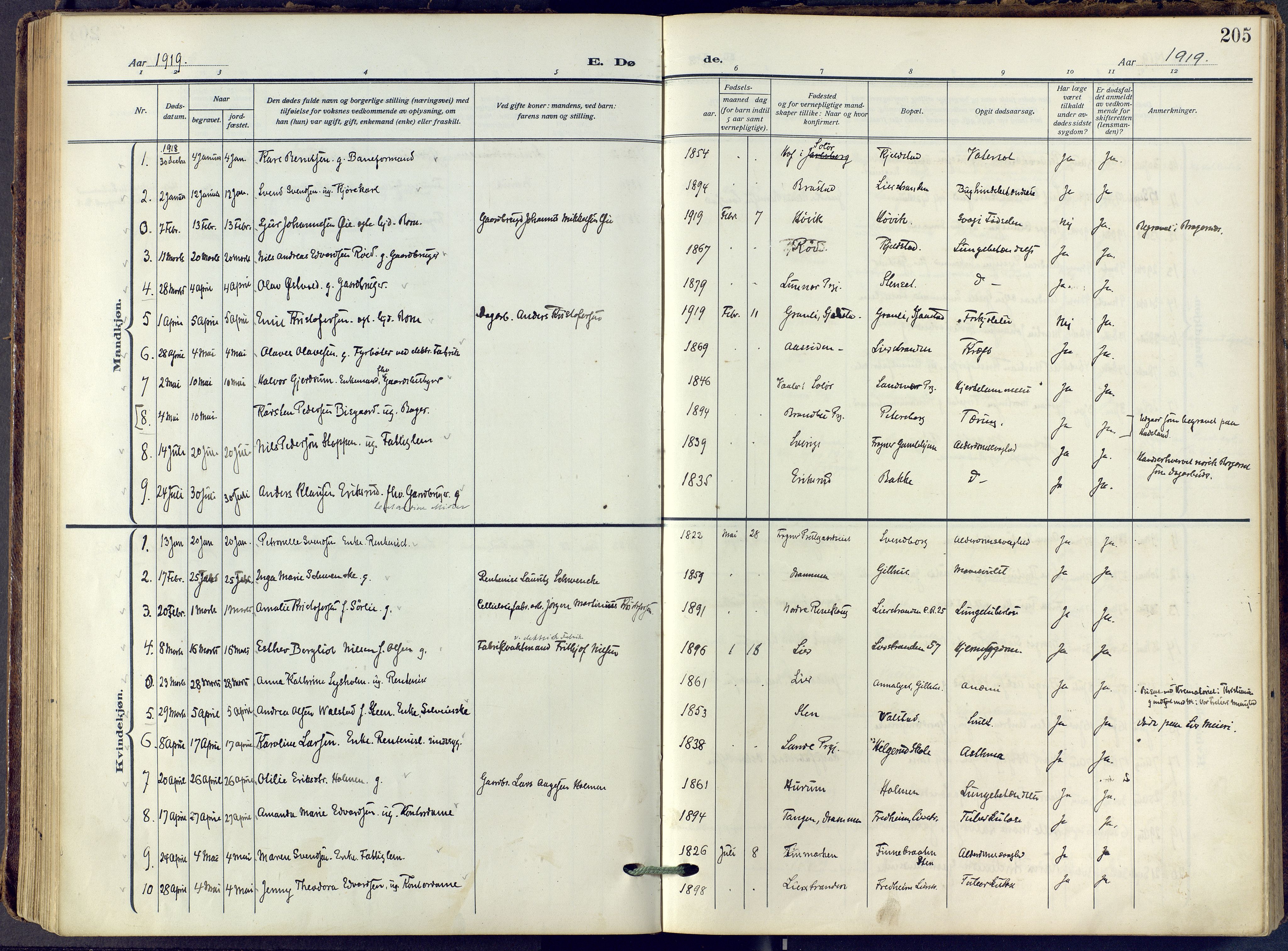 Lier kirkebøker, SAKO/A-230/F/Fa/L0019: Ministerialbok nr. I 19, 1918-1928, s. 205