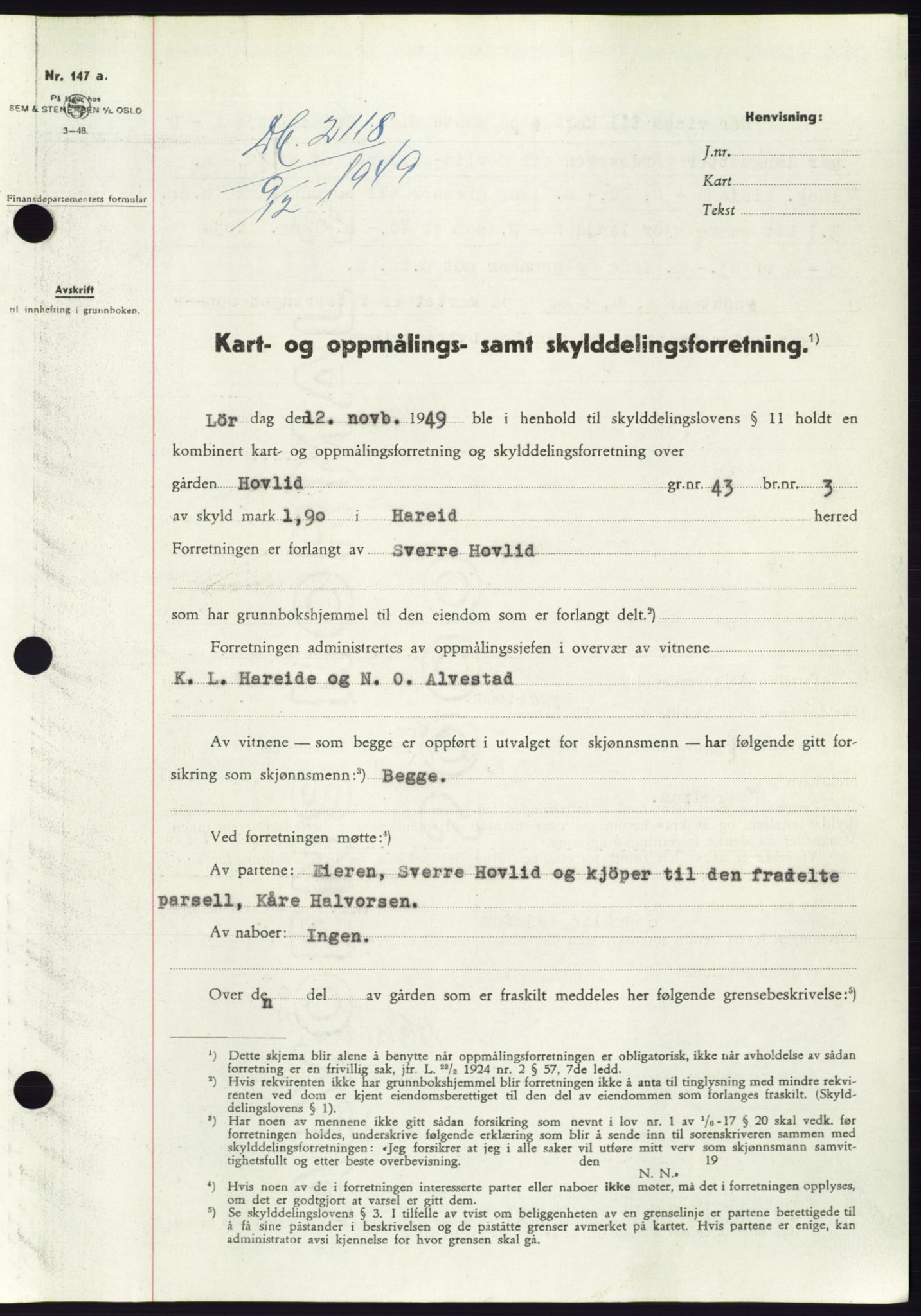 Søre Sunnmøre sorenskriveri, SAT/A-4122/1/2/2C/L0085: Pantebok nr. 11A, 1949-1949, Dagboknr: 2118/1949
