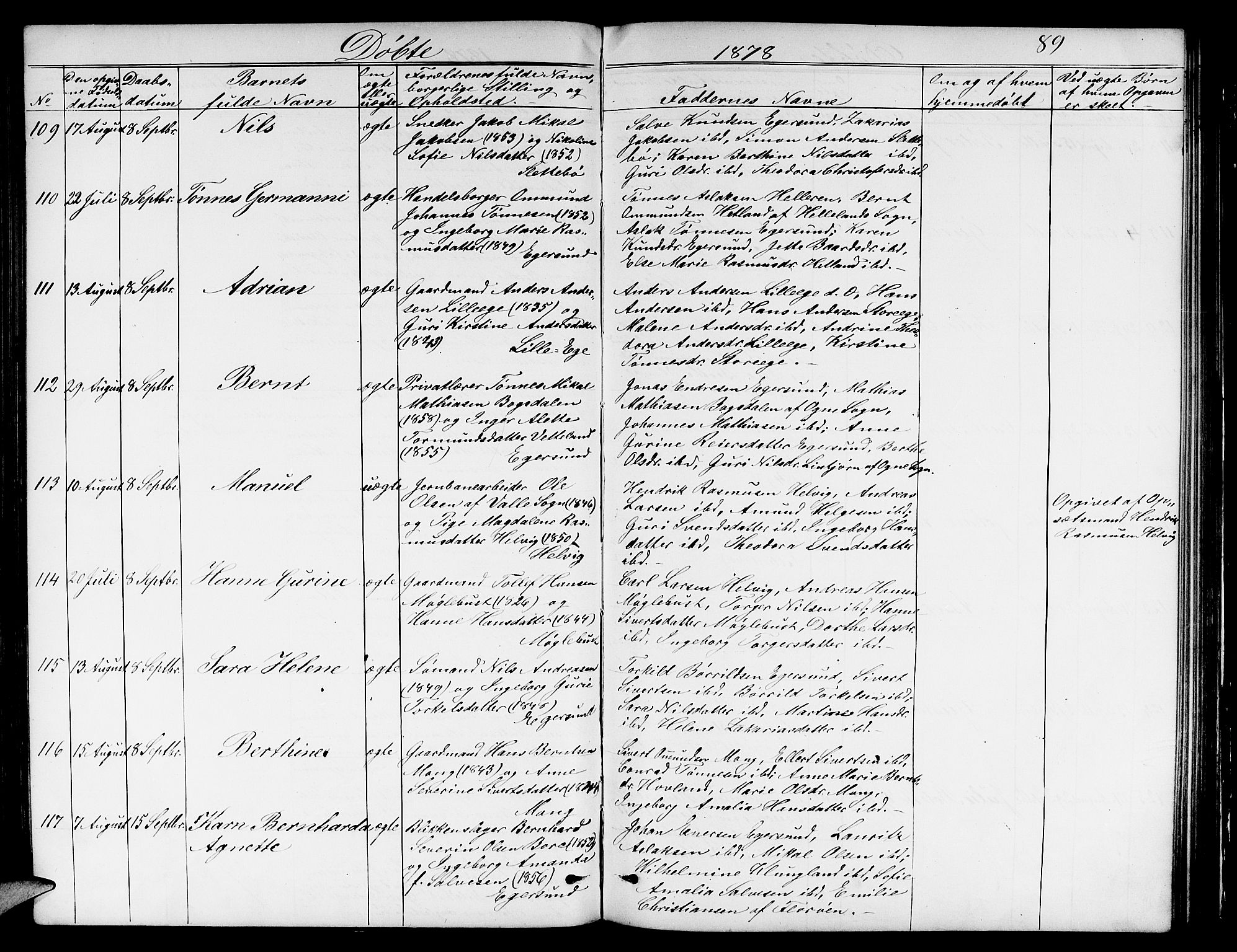 Eigersund sokneprestkontor, AV/SAST-A-101807/S09/L0005: Klokkerbok nr. B 5, 1872-1881, s. 89