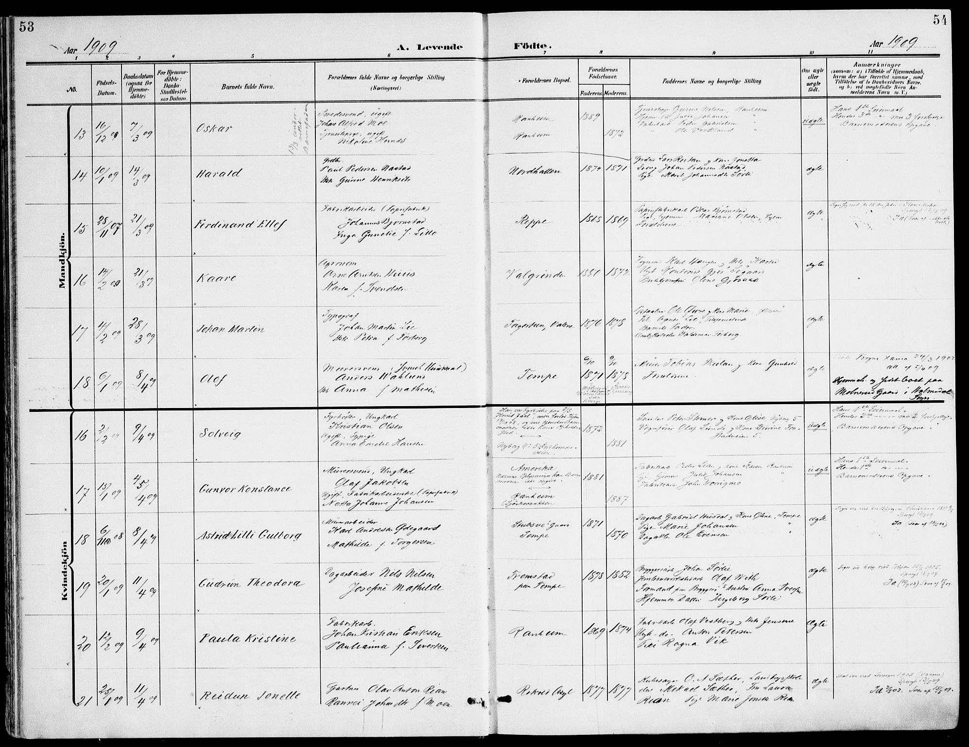 Ministerialprotokoller, klokkerbøker og fødselsregistre - Sør-Trøndelag, SAT/A-1456/607/L0320: Ministerialbok nr. 607A04, 1907-1915, s. 53-54