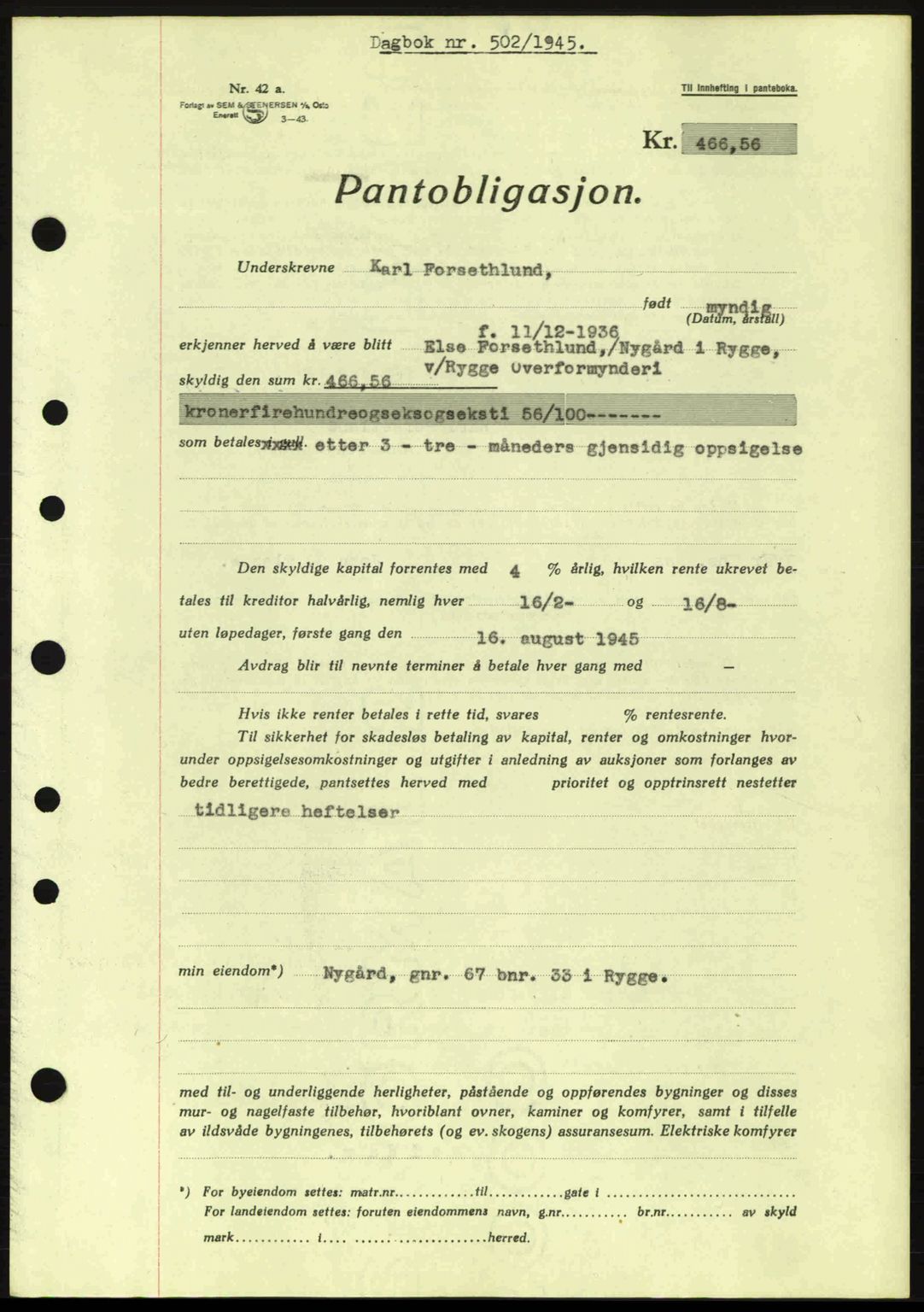 Moss sorenskriveri, SAO/A-10168: Pantebok nr. B13, 1943-1945, Dagboknr: 502/1945