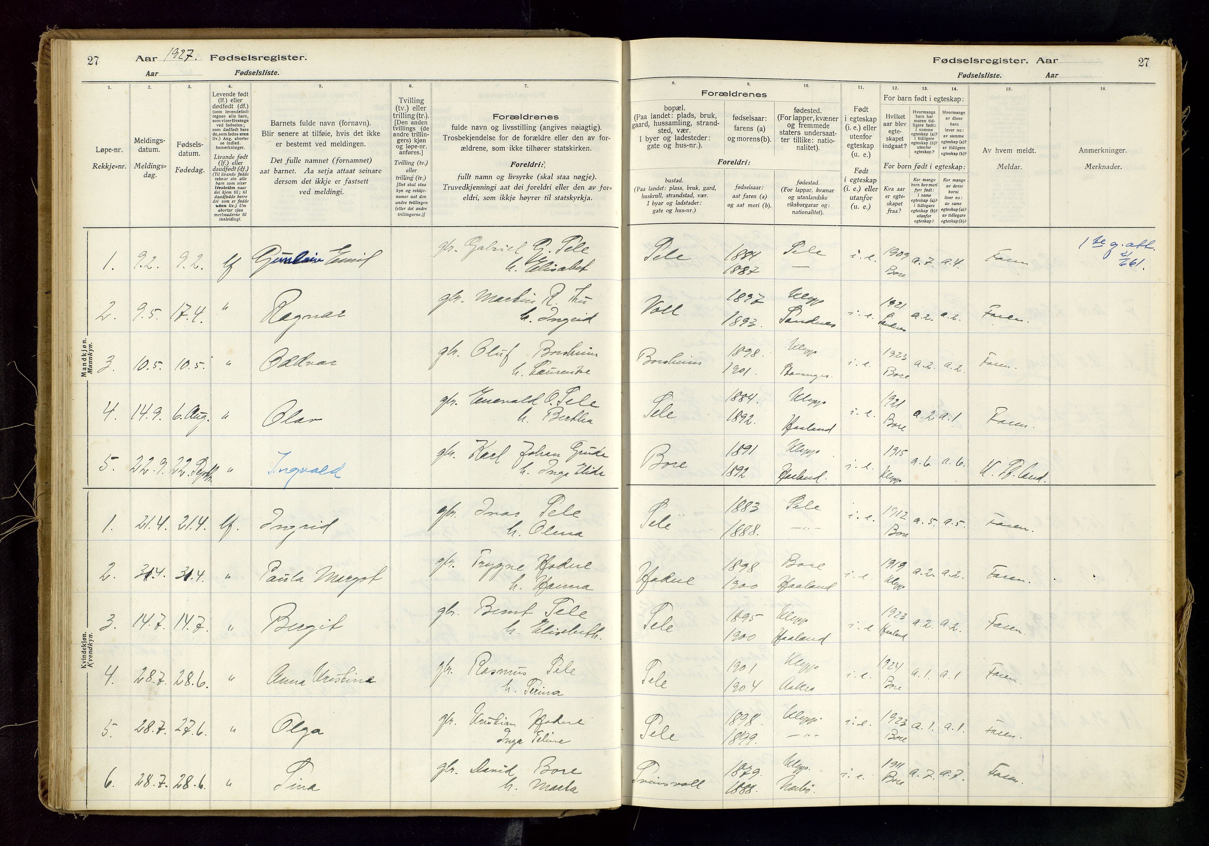 Klepp sokneprestkontor, SAST/A-101803/001/704BAB/L0001: Fødselsregister nr. 1, 1916-1976, s. 27