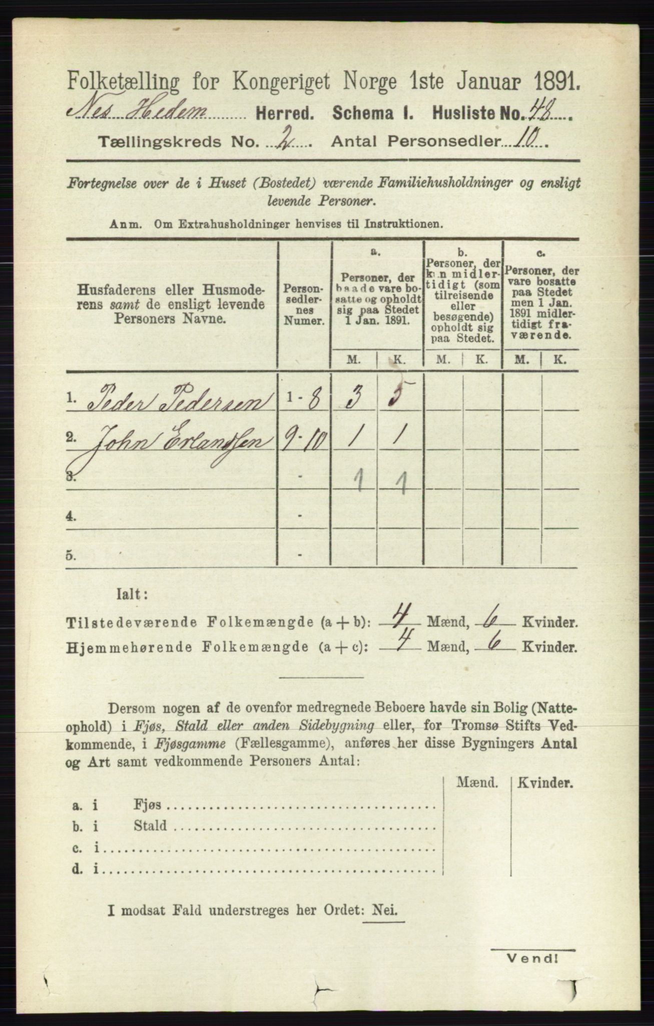 RA, Folketelling 1891 for 0411 Nes herred, 1891, s. 1052