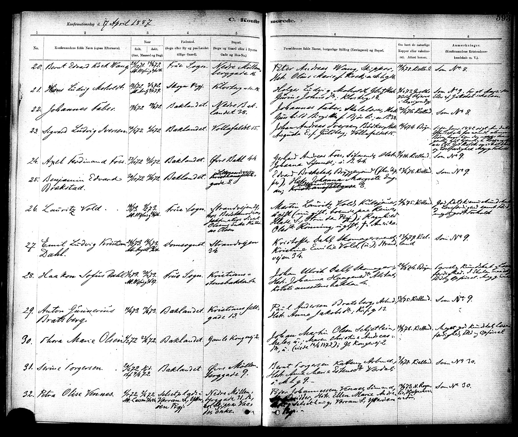 Ministerialprotokoller, klokkerbøker og fødselsregistre - Sør-Trøndelag, SAT/A-1456/604/L0188: Ministerialbok nr. 604A09, 1878-1892, s. 593