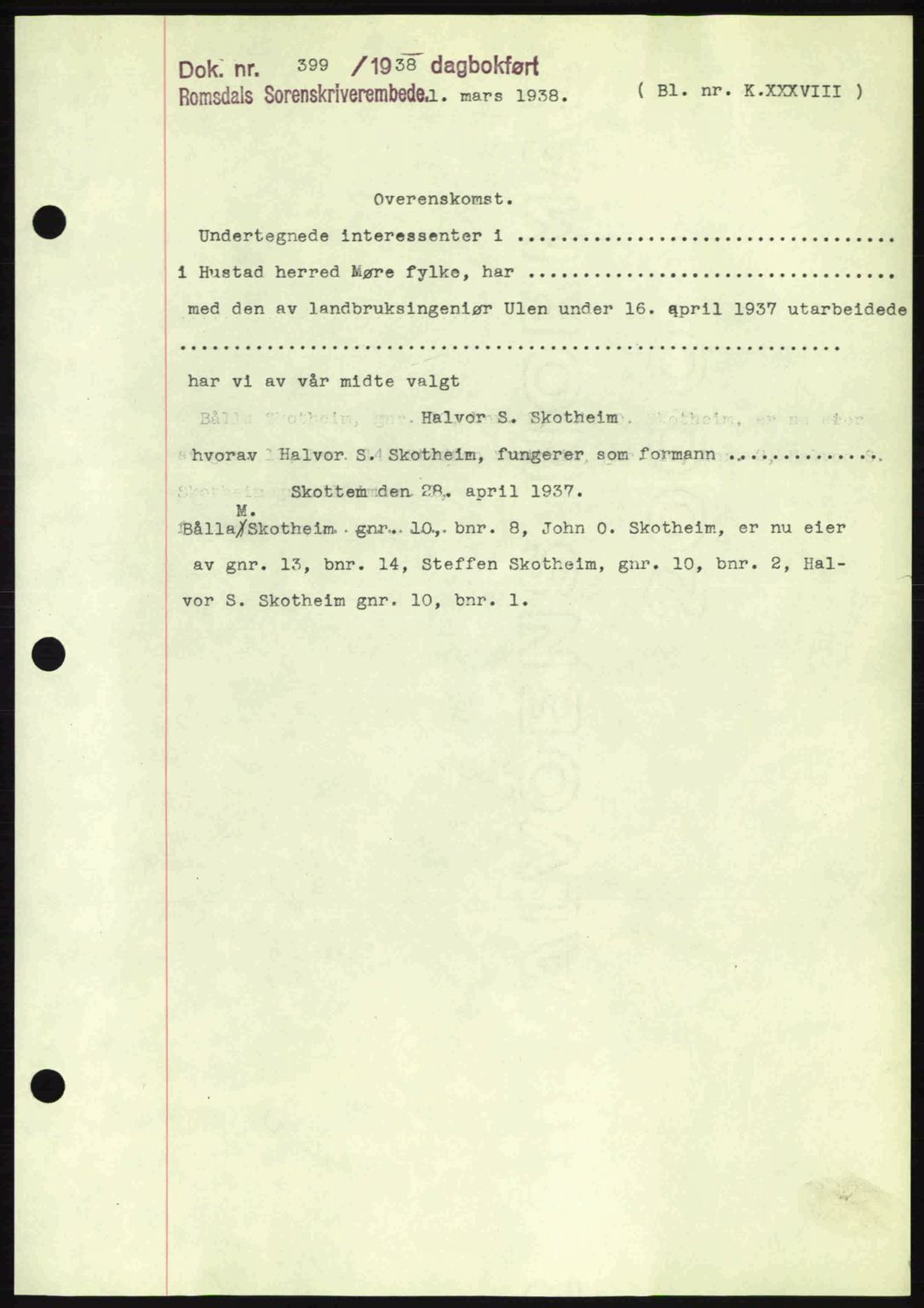 Romsdal sorenskriveri, SAT/A-4149/1/2/2C: Pantebok nr. A4, 1937-1938, Dagboknr: 399/1938