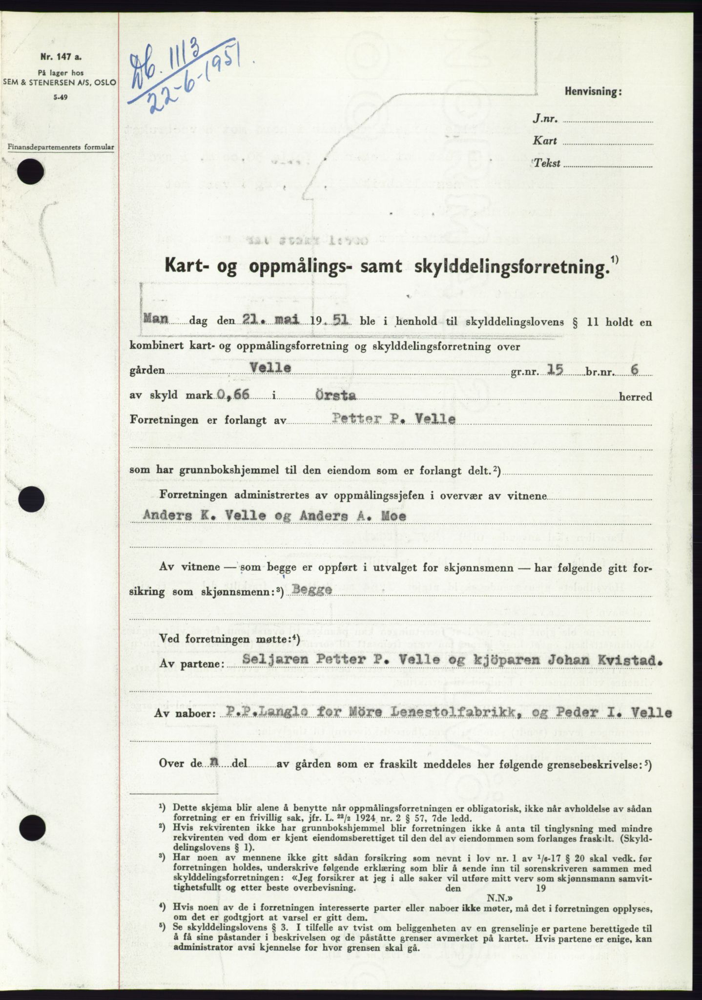 Søre Sunnmøre sorenskriveri, SAT/A-4122/1/2/2C/L0089: Pantebok nr. 15A, 1951-1951, Dagboknr: 1113/1951