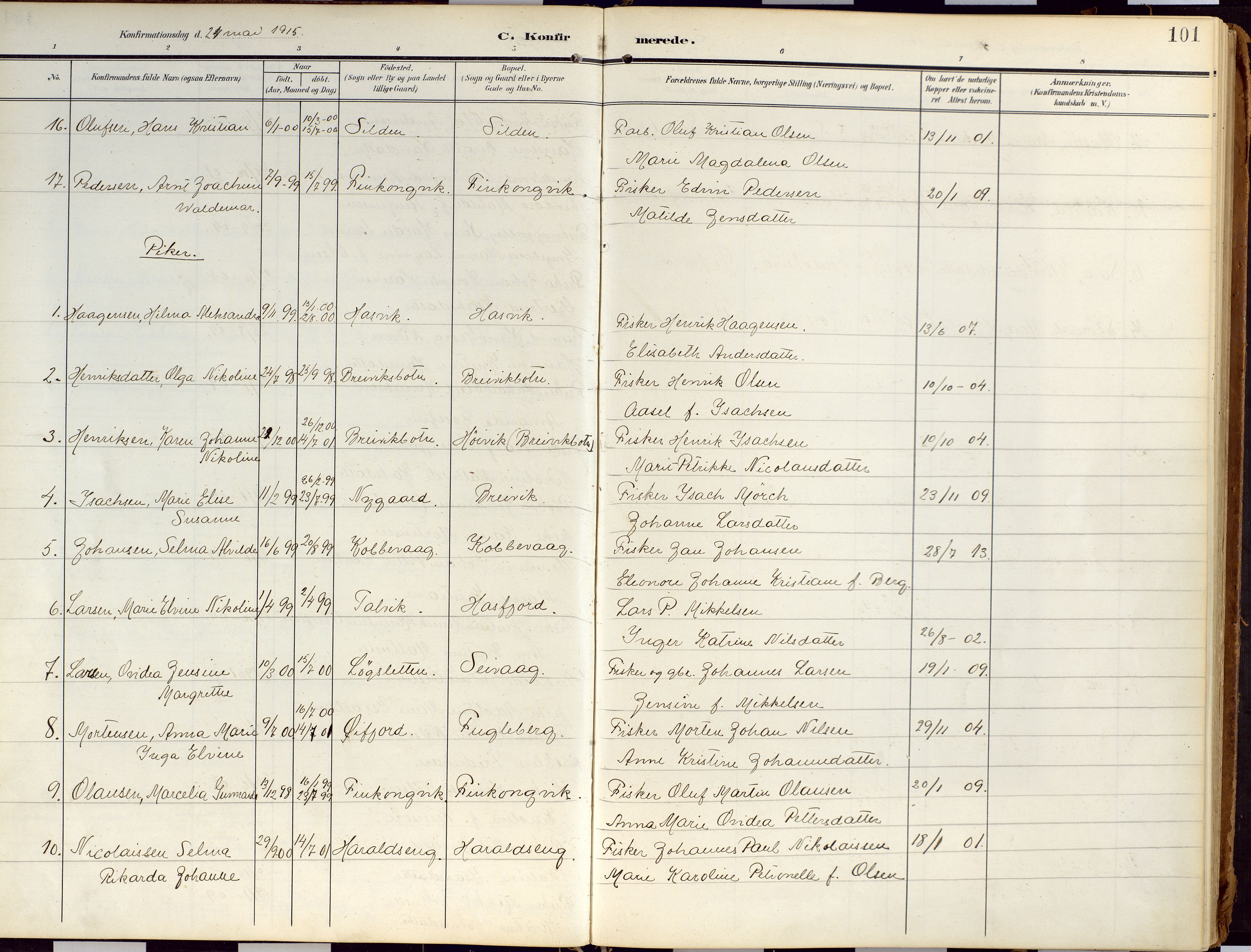 Loppa sokneprestkontor, AV/SATØ-S-1339/H/Ha/L0010kirke: Ministerialbok nr. 10, 1907-1922, s. 101