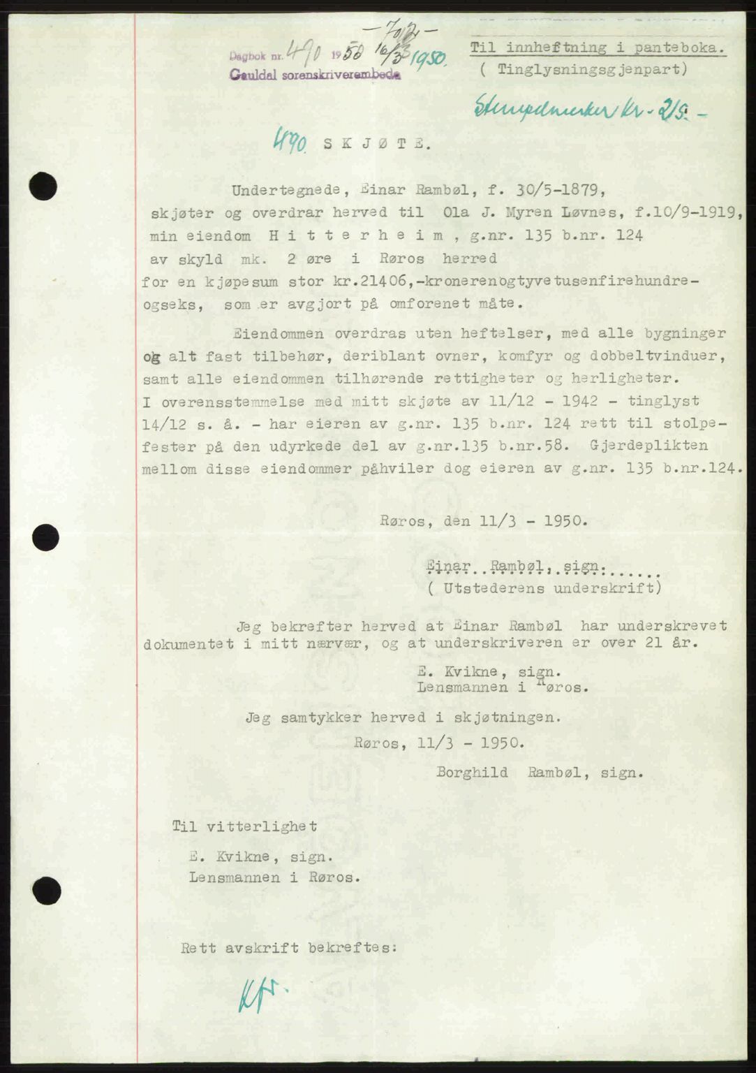 Gauldal sorenskriveri, SAT/A-0014/1/2/2C: Pantebok nr. A9, 1949-1950, Dagboknr: 490/1950