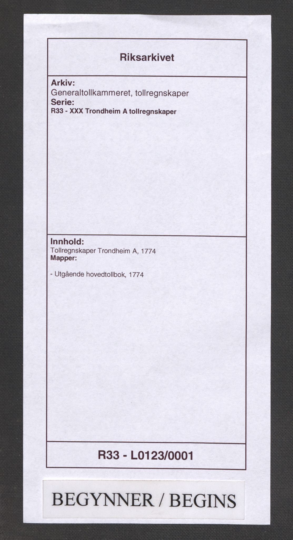 Generaltollkammeret, tollregnskaper, RA/EA-5490/R33/L0123/0001: Tollregnskaper Trondheim A / Utgående hovedtollbok, 1774