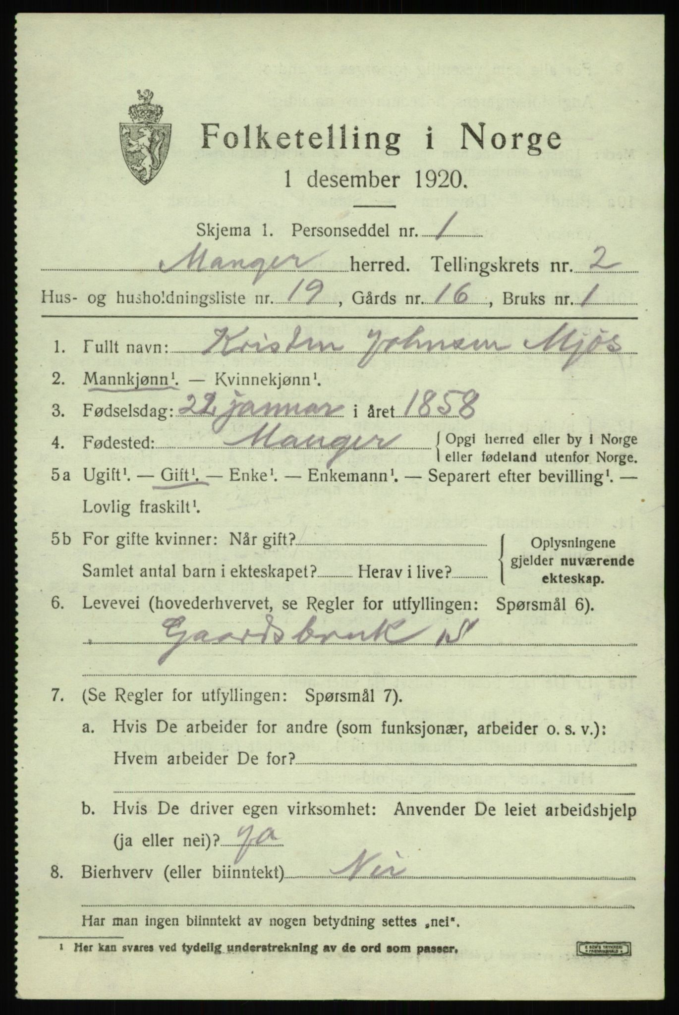 SAB, Folketelling 1920 for 1261 Manger herred, 1920, s. 2195