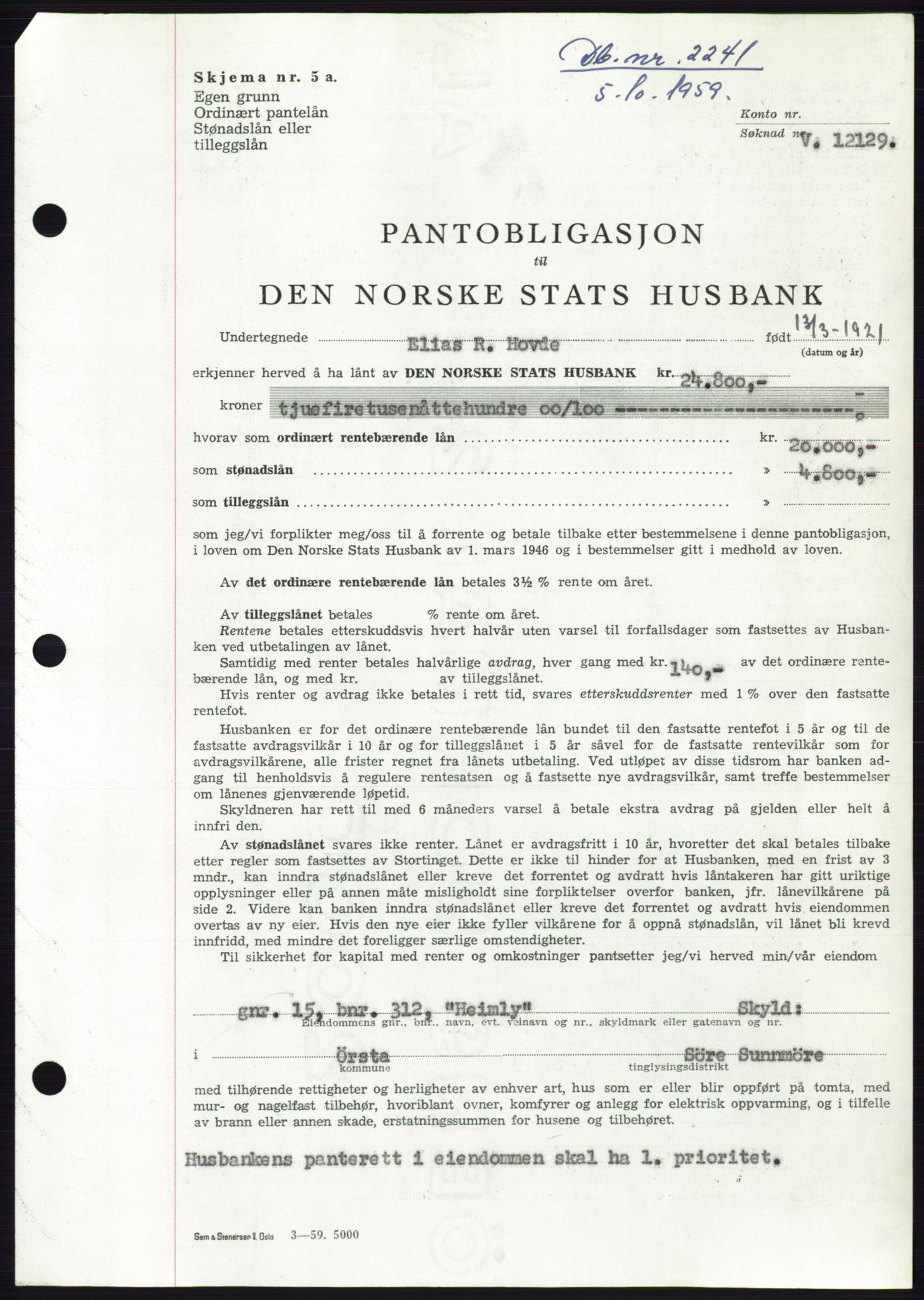 Søre Sunnmøre sorenskriveri, SAT/A-4122/1/2/2C/L0133: Pantebok nr. 21B, 1959-1959, Dagboknr: 2241/1959
