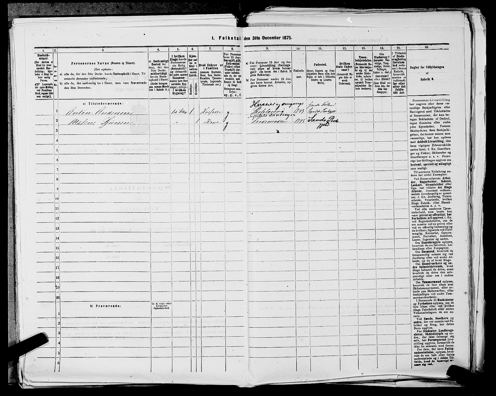 SAST, Folketelling 1875 for 1107B Sokndal prestegjeld, Sokndal ladested, 1875, s. 98