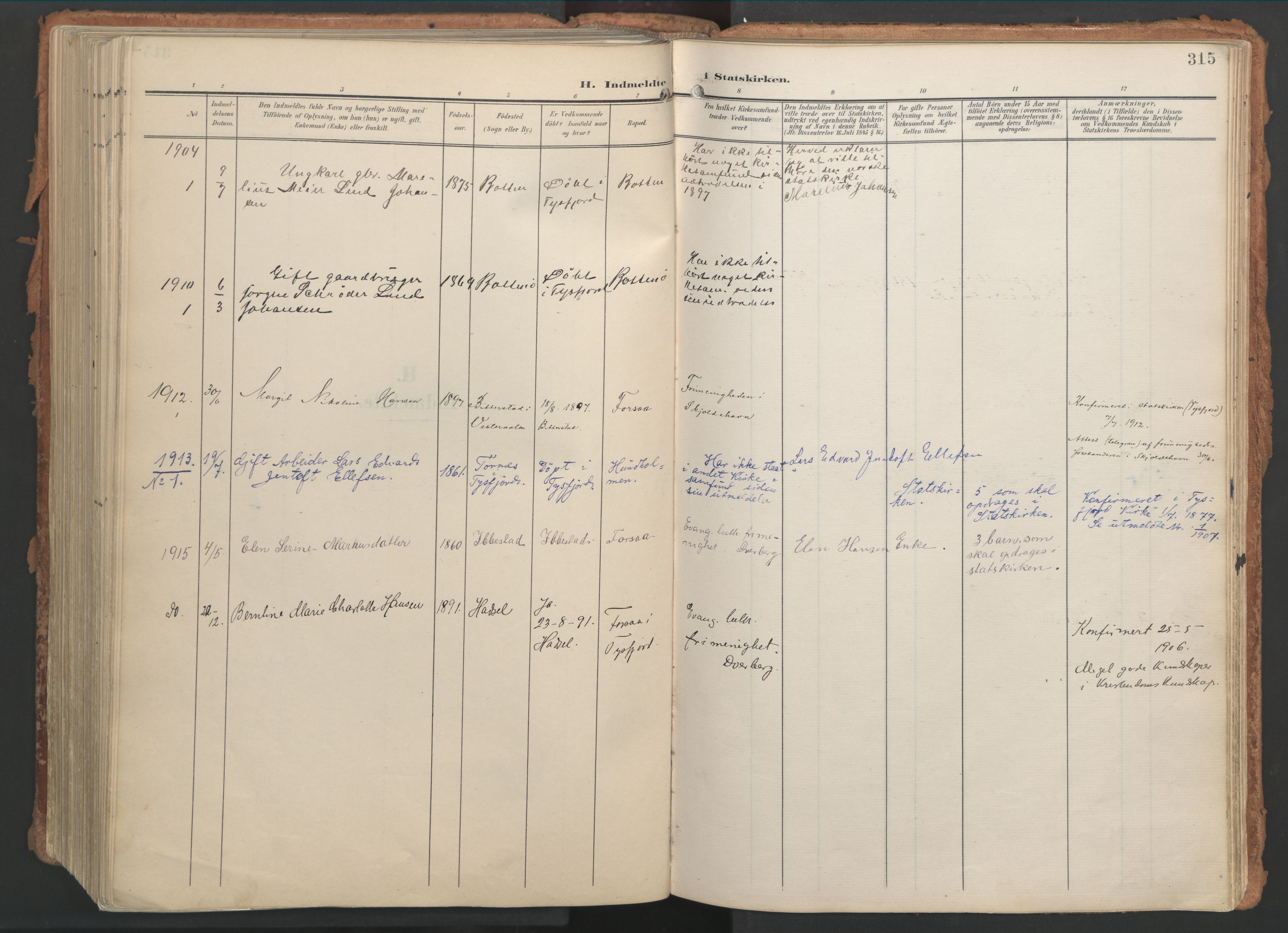 Ministerialprotokoller, klokkerbøker og fødselsregistre - Nordland, SAT/A-1459/861/L0871: Ministerialbok nr. 861A06, 1903-1916, s. 315