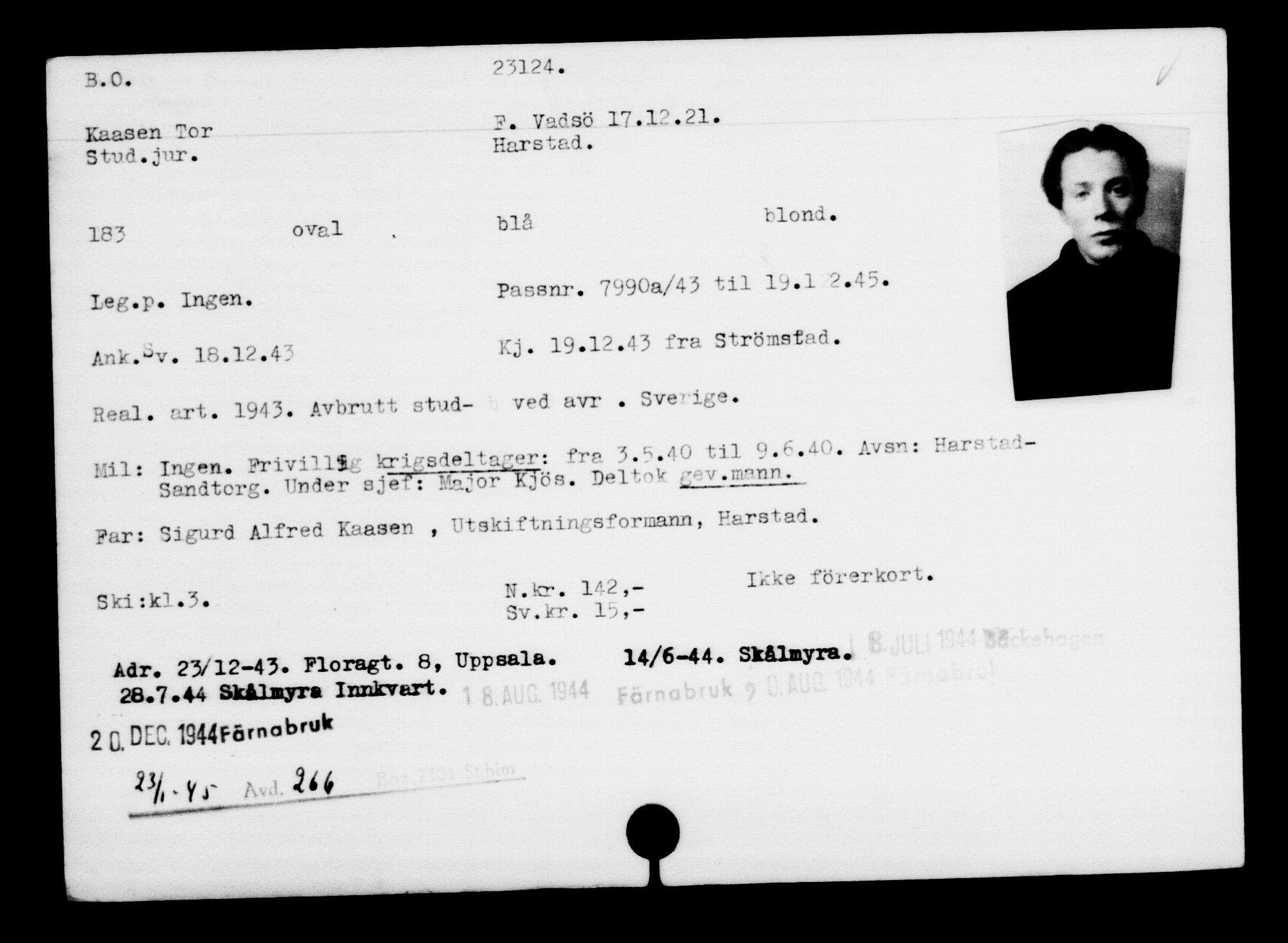 Utenriksstasjonene, Legasjonen i Stockholm, Flyktningkontoret, AV/RA-S-6753/V/Va/L0010: Kjesäterkartoteket, flyktninger med registreringsnr. 22000-25314, 1940-1945, s. 1209