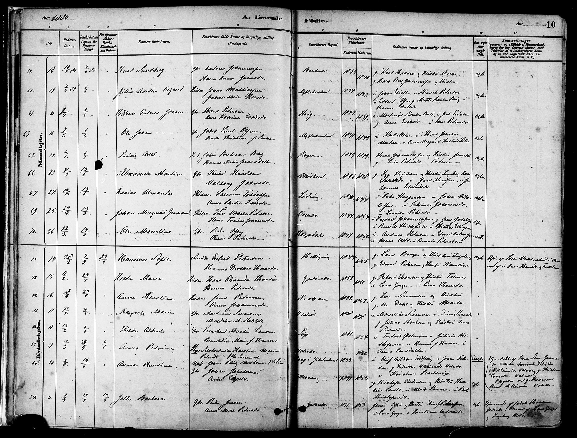 Ministerialprotokoller, klokkerbøker og fødselsregistre - Nordland, AV/SAT-A-1459/802/L0054: Ministerialbok nr. 802A01, 1879-1893, s. 10