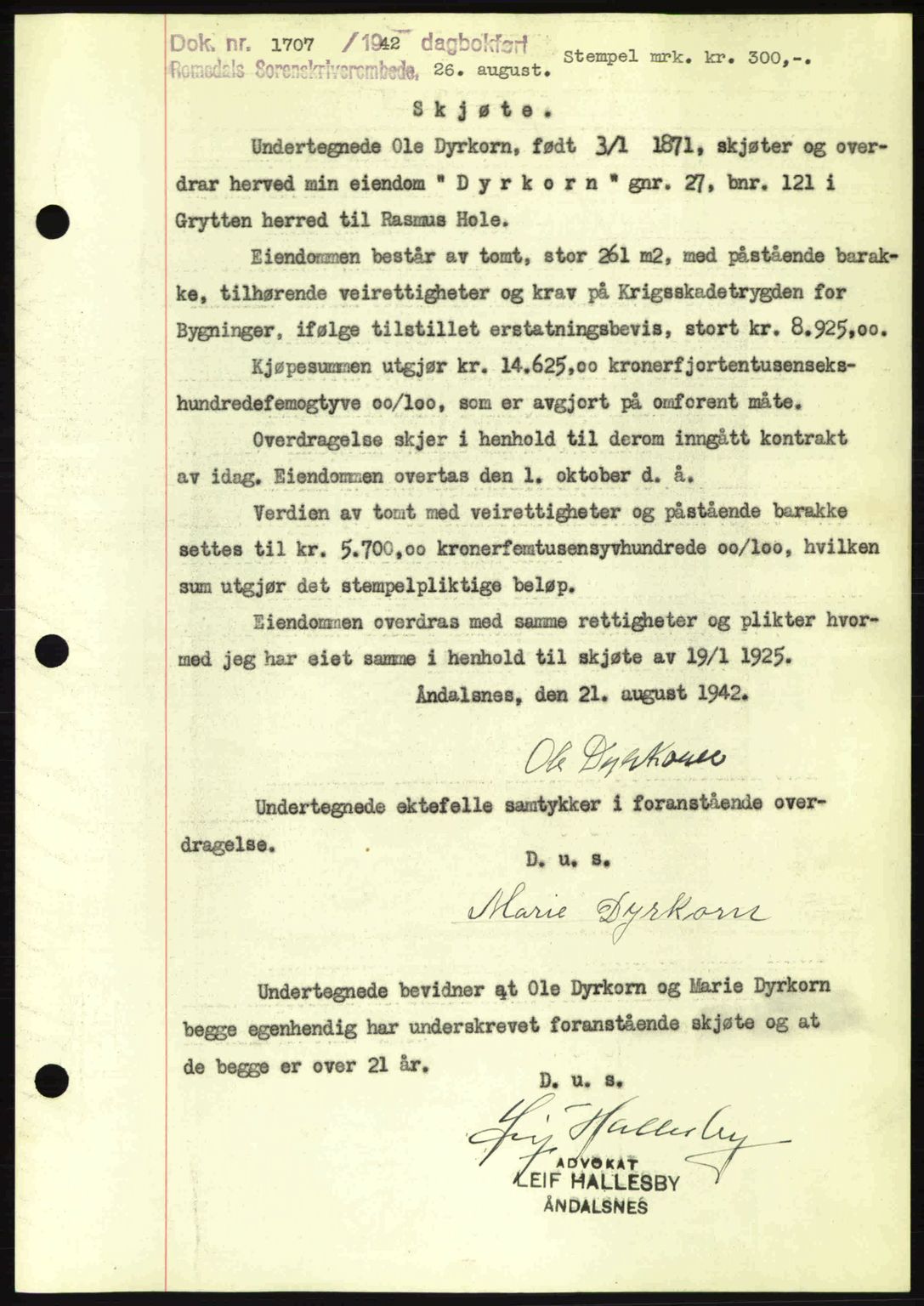 Romsdal sorenskriveri, SAT/A-4149/1/2/2C: Pantebok nr. A12, 1942-1942, Dagboknr: 1707/1942