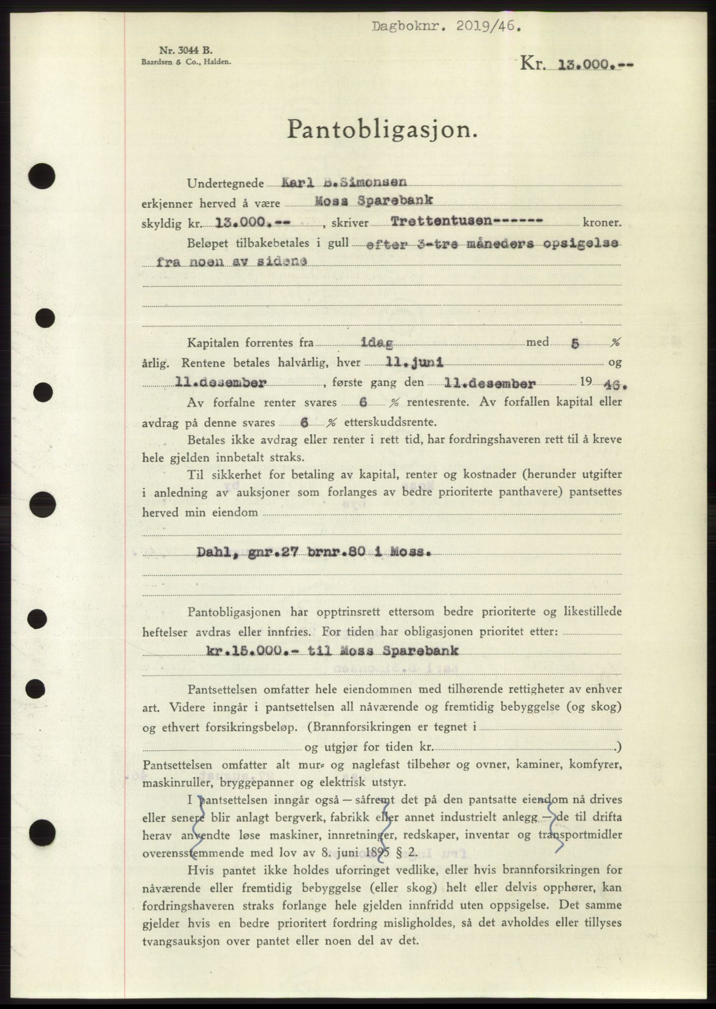 Moss sorenskriveri, SAO/A-10168: Pantebok nr. B15, 1946-1946, Dagboknr: 2019/1946