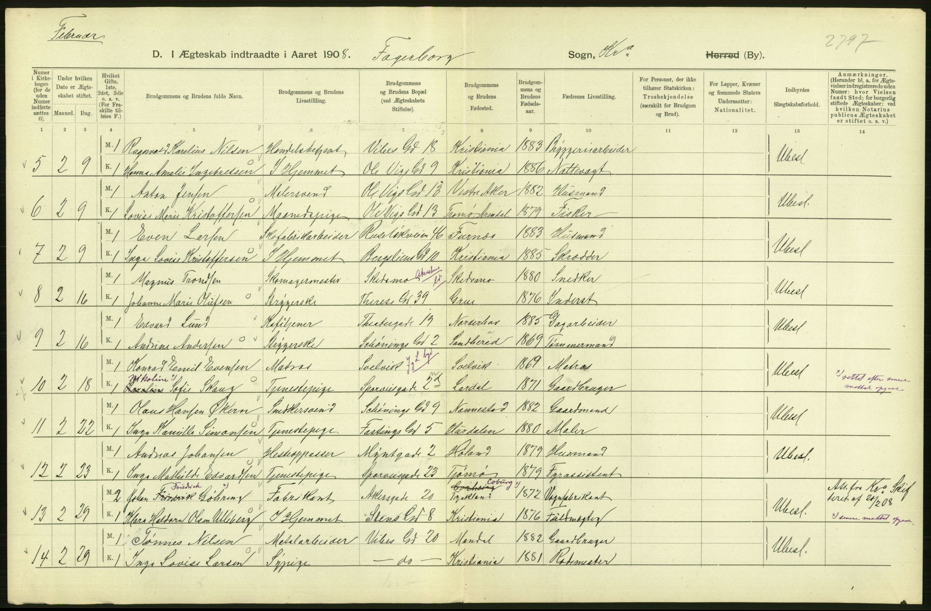 Statistisk sentralbyrå, Sosiodemografiske emner, Befolkning, AV/RA-S-2228/D/Df/Dfa/Dfaf/L0007: Kristiania: Gifte, 1908, s. 376