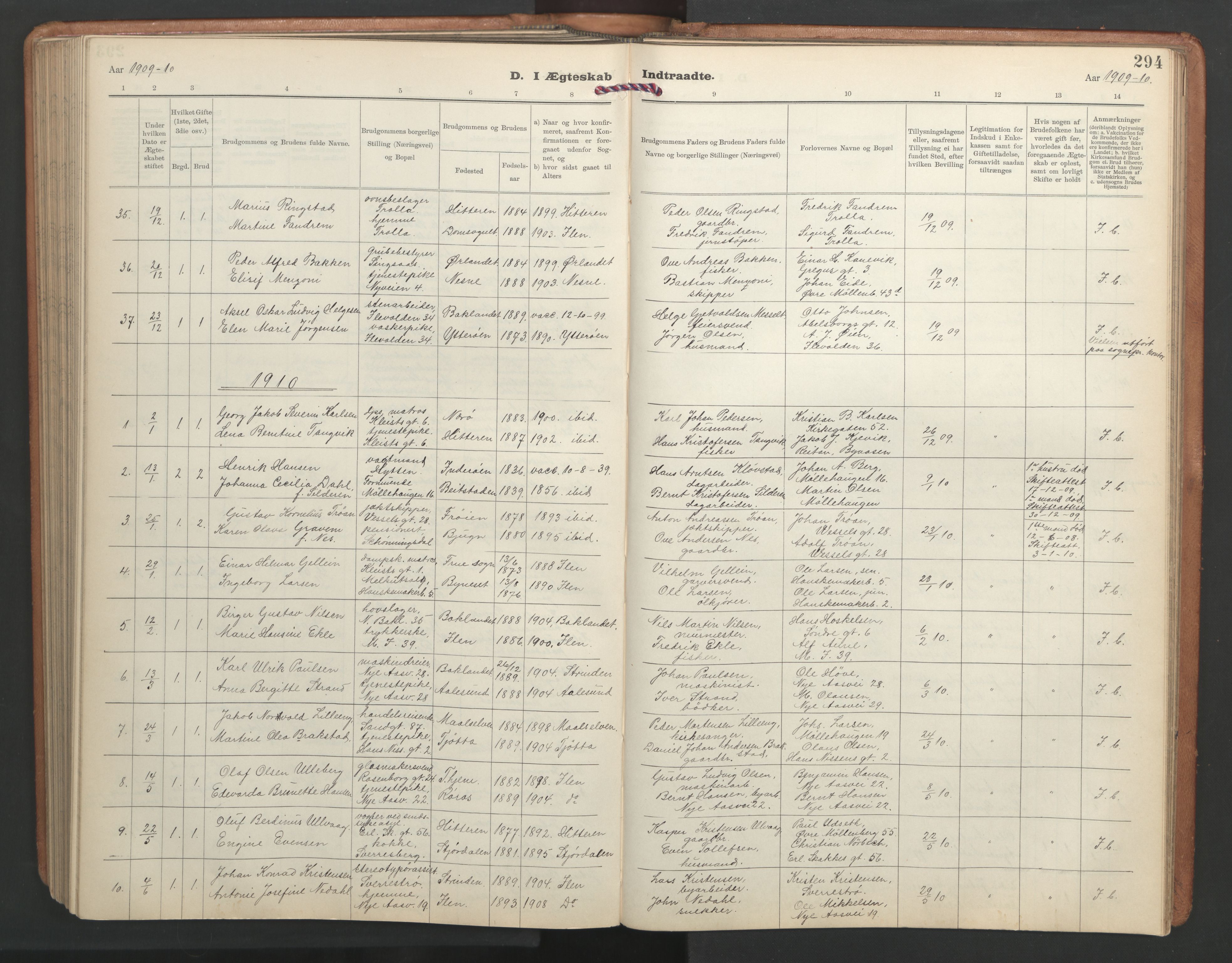 Ministerialprotokoller, klokkerbøker og fødselsregistre - Sør-Trøndelag, SAT/A-1456/603/L0173: Klokkerbok nr. 603C01, 1907-1962, s. 294