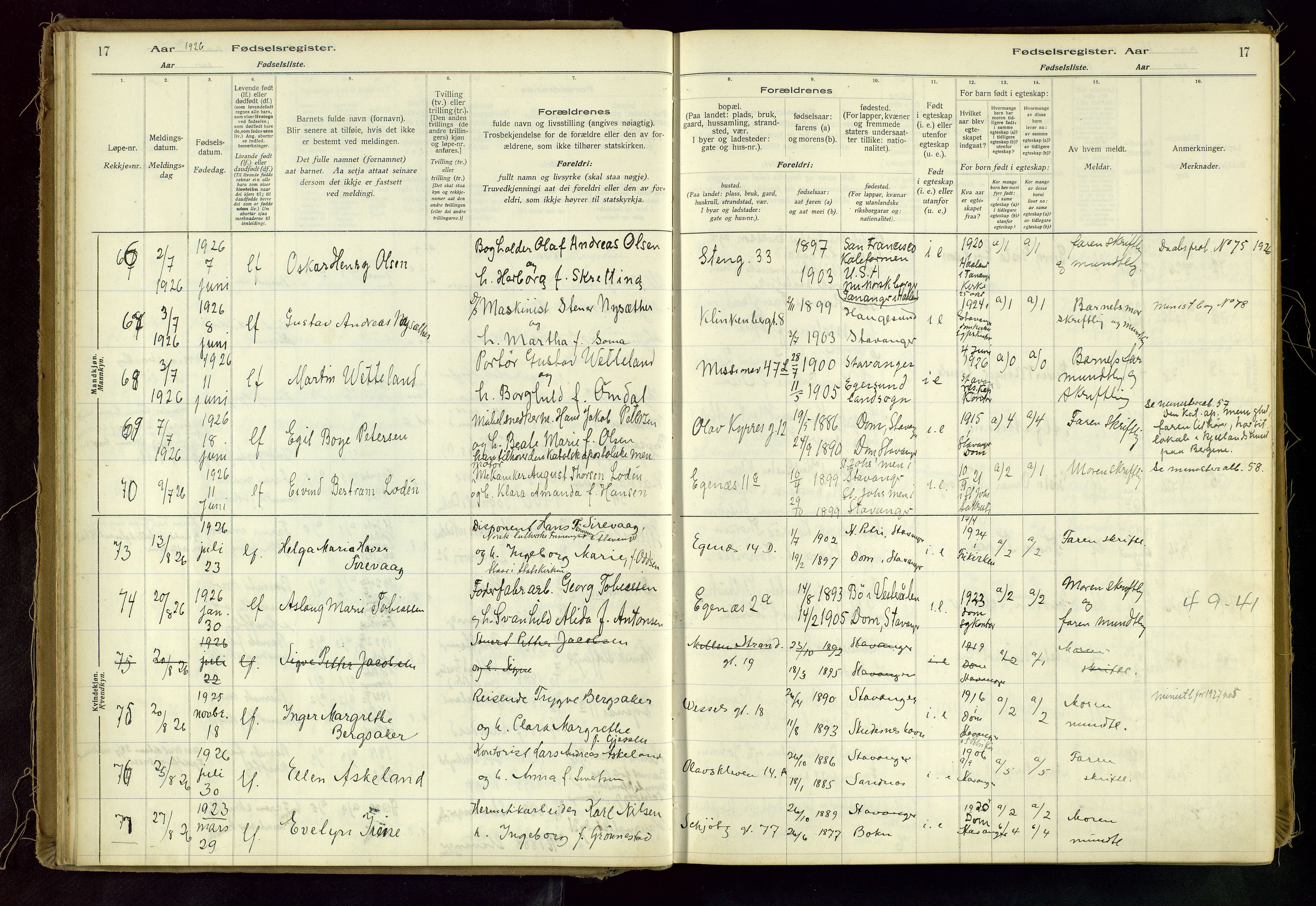 Domkirken sokneprestkontor, AV/SAST-A-101812/002/A/L0001: Fødselsregister nr. 1, 1925-1932, s. 17