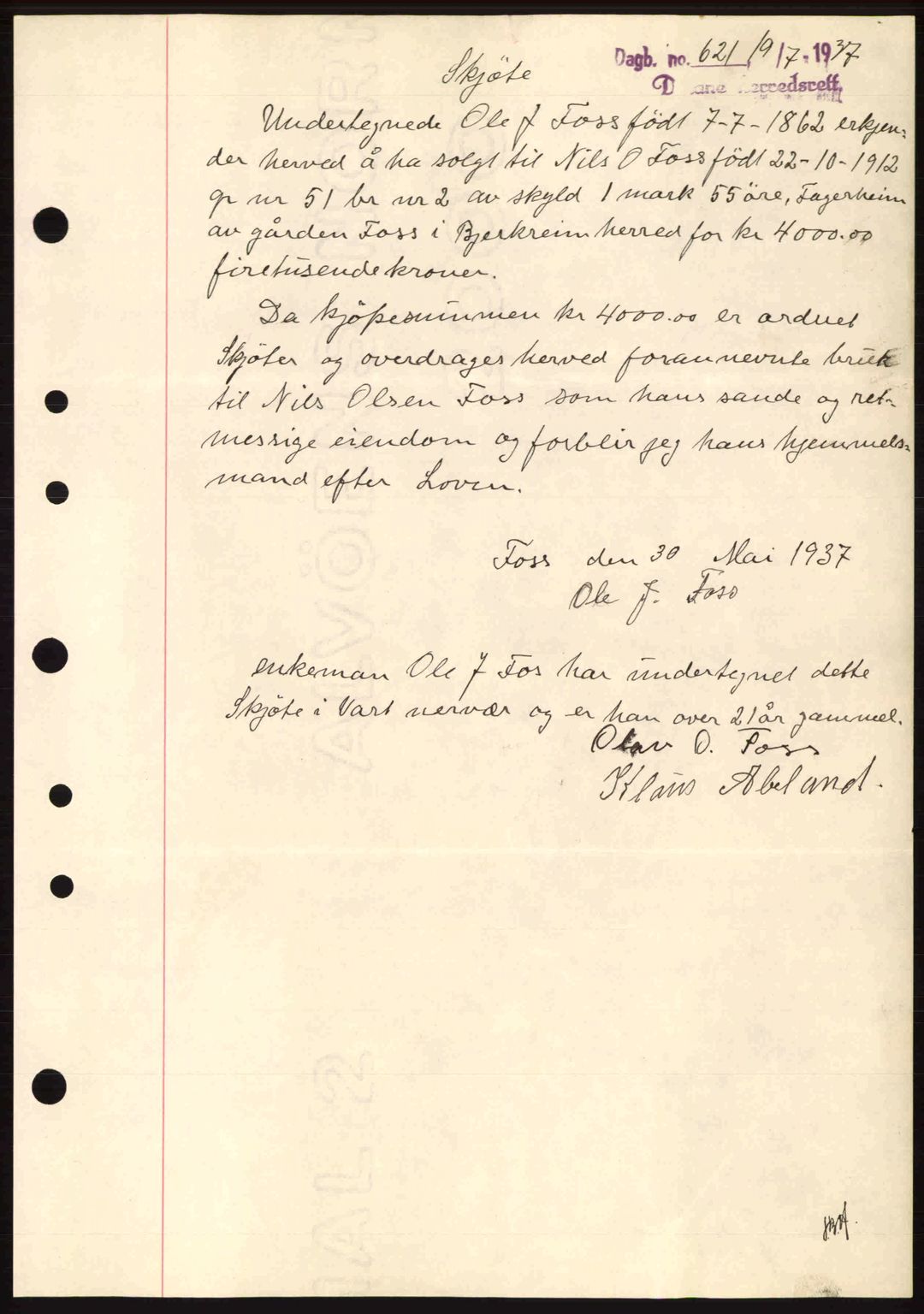 Dalane sorenskriveri, SAST/A-100309/02/G/Gb/L0041: Pantebok nr. A2, 1936-1937, Dagboknr: 621/1937