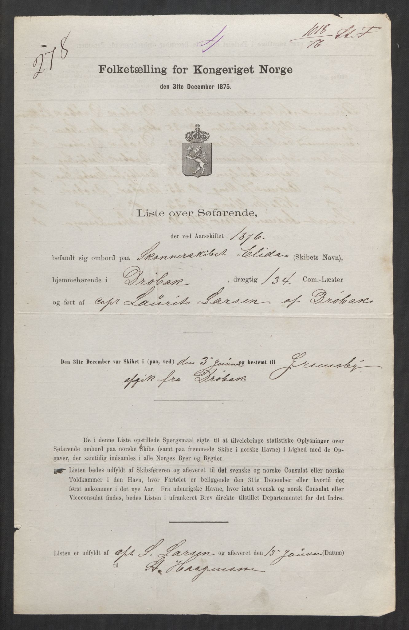 RA, Folketelling 1875, skipslister: Skip i utenrikske havner, hjemmehørende i byer og ladesteder, Fredrikshald - Arendal, 1875, s. 106