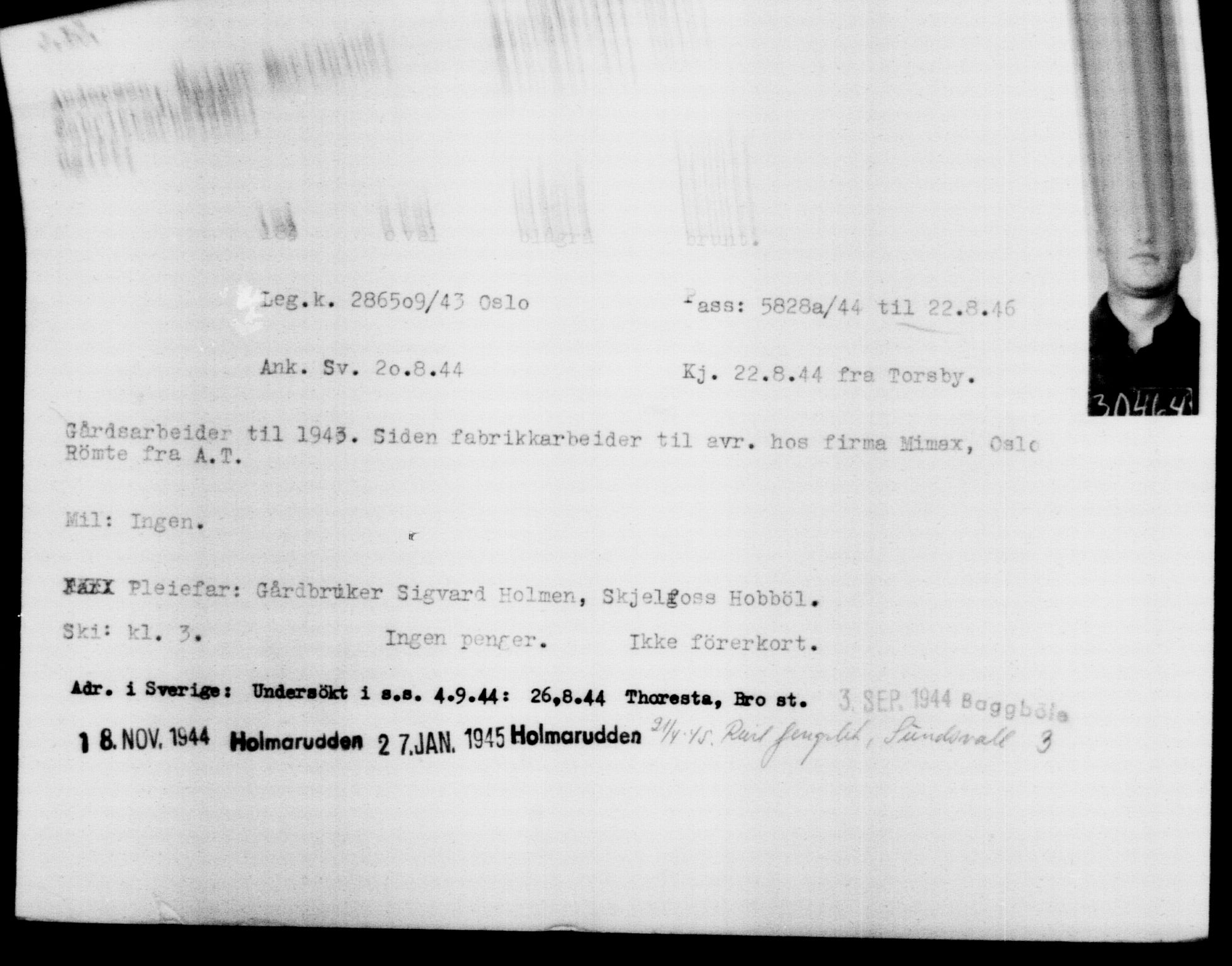 Utenriksstasjonene, Legasjonen i Stockholm, Flyktningkontoret, AV/RA-S-6753/V/Va/L0012: Kjesäterkartoteket, flyktninger med registreringsnr. 28300-31566, 1940-1945, s. 2364