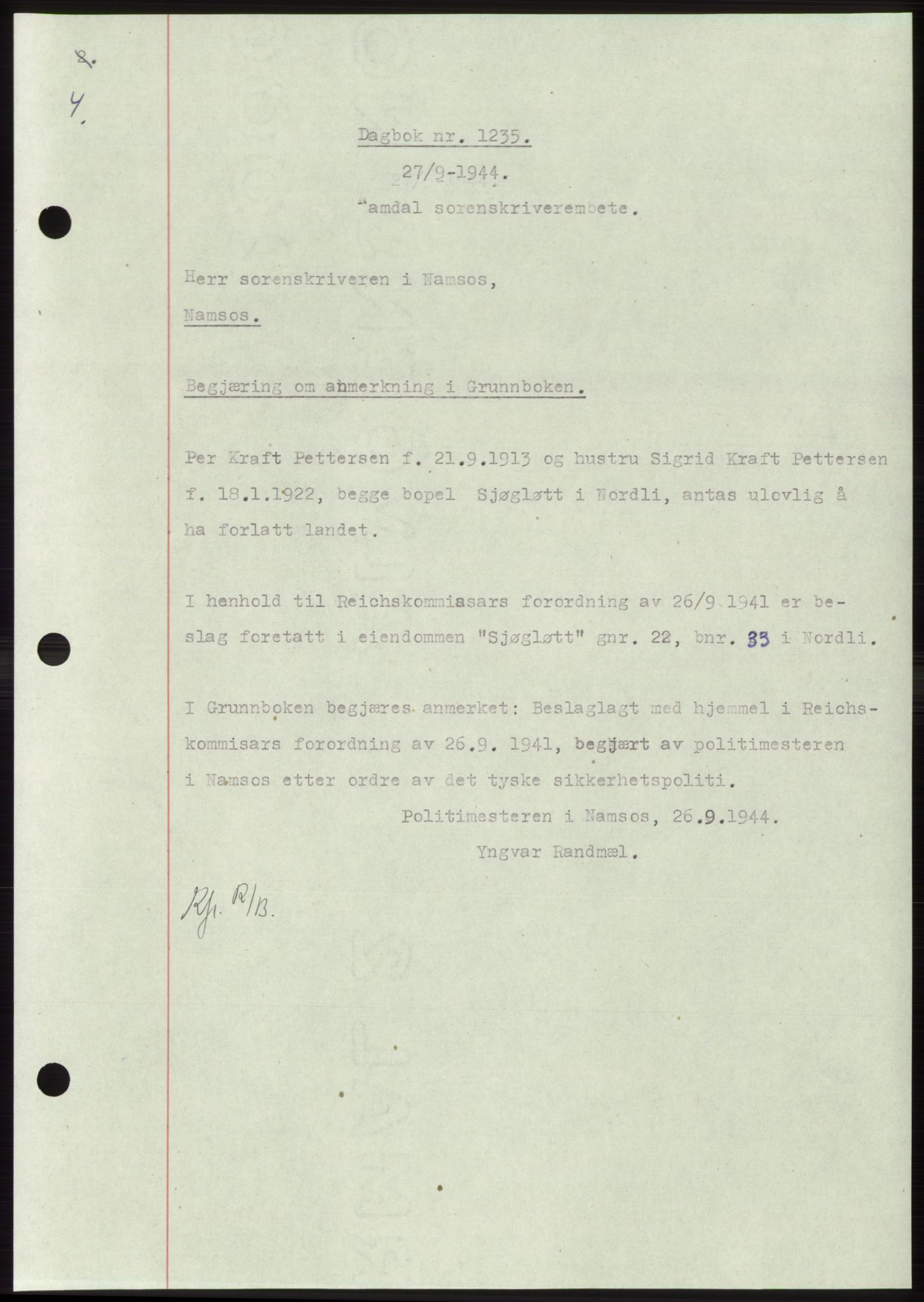 Namdal sorenskriveri, SAT/A-4133/1/2/2C: Pantebok nr. -, 1944-1945, Dagboknr: 1235/1944