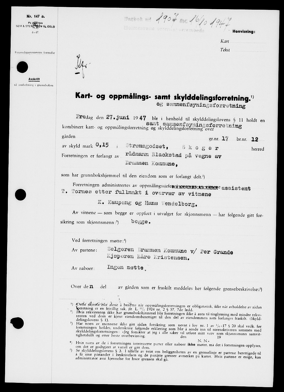 Holmestrand sorenskriveri, SAKO/A-67/G/Ga/Gaa/L0062: Pantebok nr. A-62, 1947-1947, Dagboknr: 1907/1947