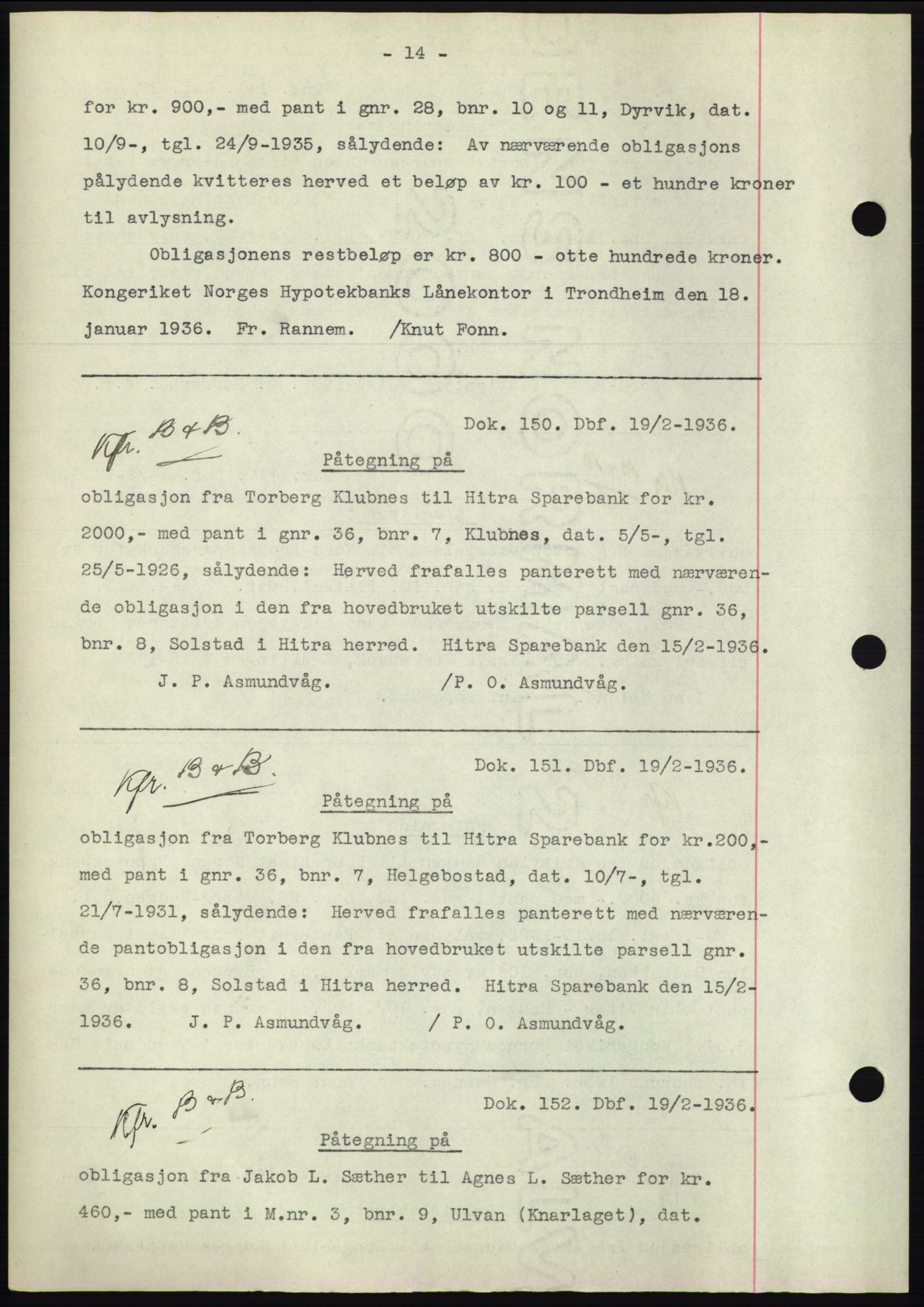 Hitra sorenskriveri, AV/SAT-A-0018/2/2C/2Ca: Pantebok nr. C1, 1936-1945, Dagboknr: 150/1936