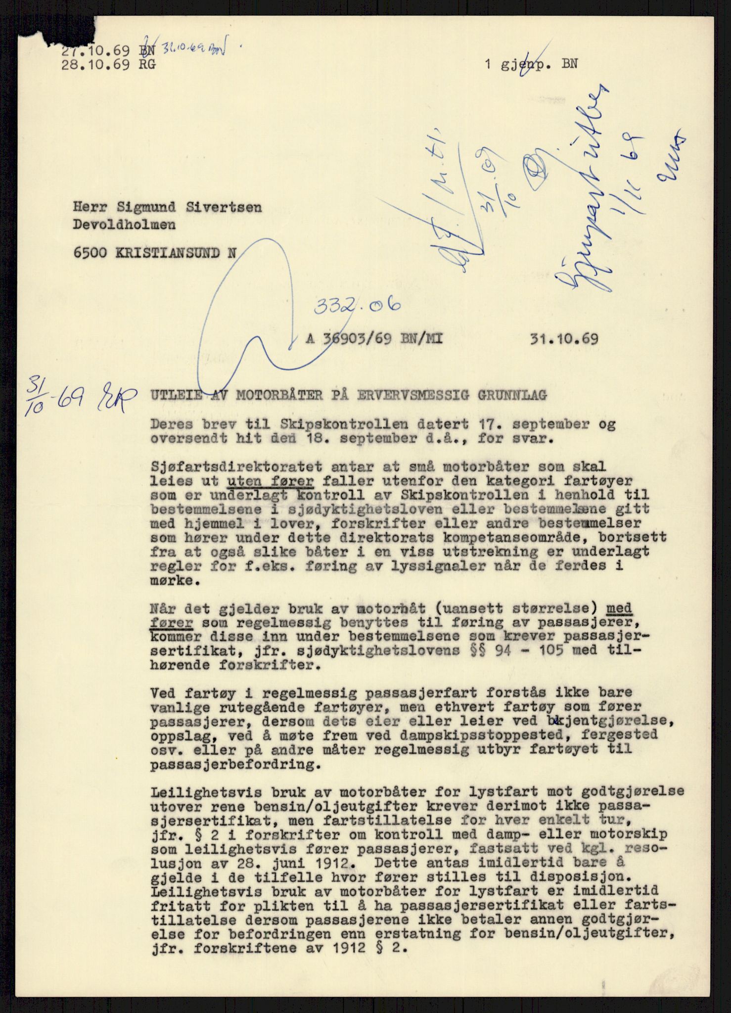 Sjøfartsdirektoratet med forløpere, generelt arkiv, AV/RA-S-1407/D/Du/Duc/L0641/0004: Skipskontrollen - Forskrifter    / Utleiebåter (2 mapper), 1977-1989, s. 269