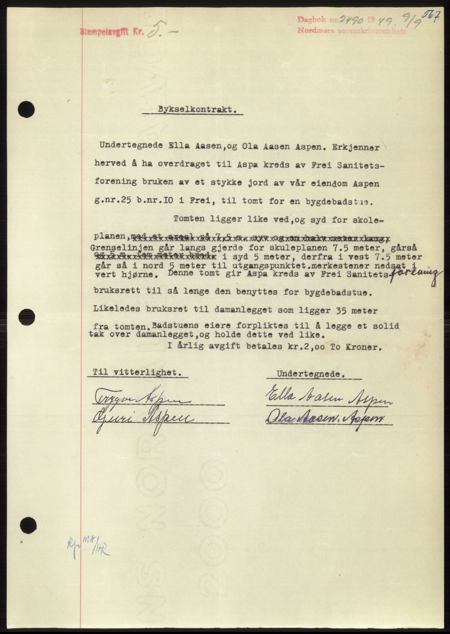 Nordmøre sorenskriveri, SAT/A-4132/1/2/2Ca: Pantebok nr. B102, 1949-1949, Dagboknr: 2490/1949