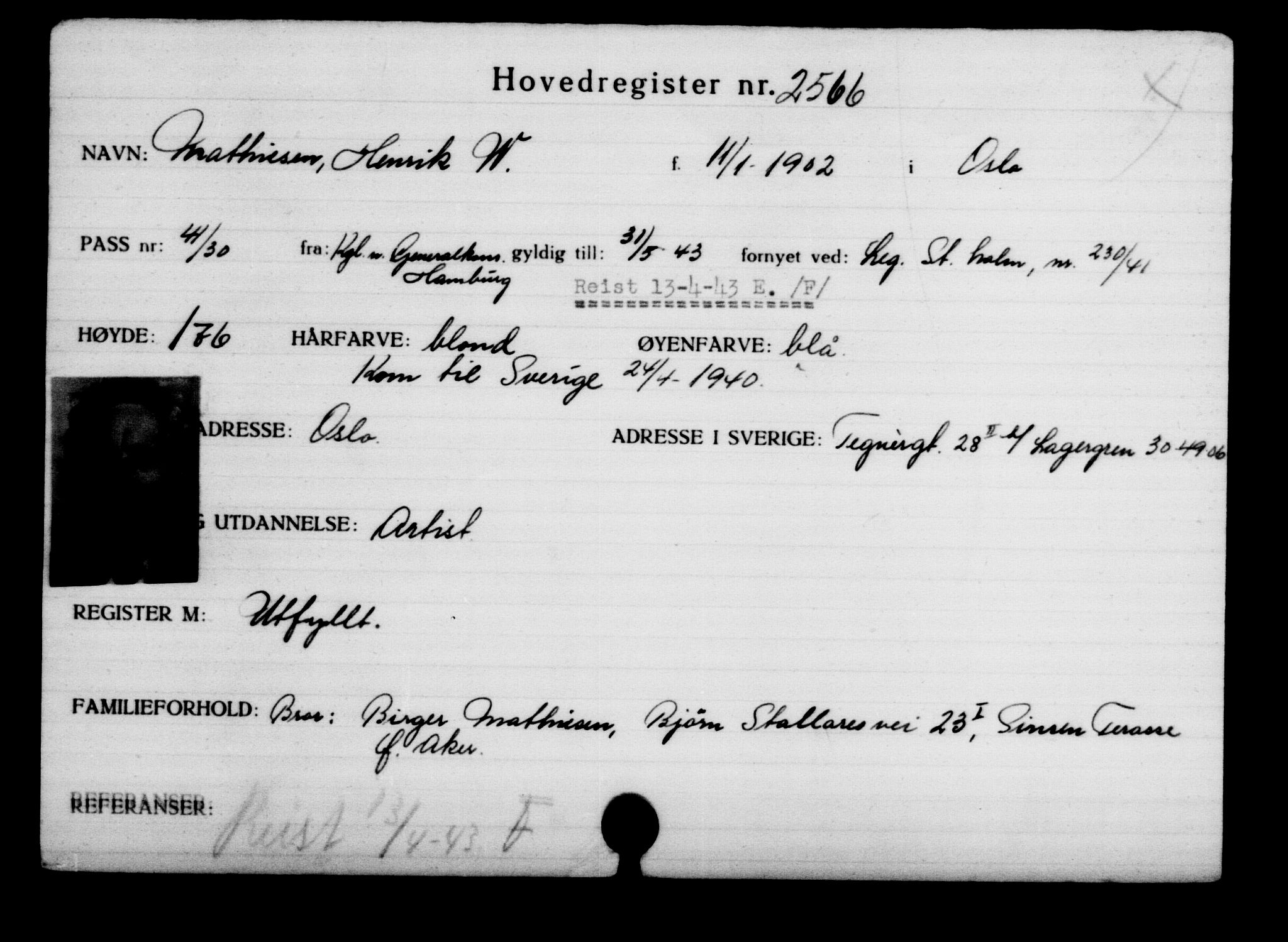 Utenriksstasjonene, Legasjonen i Stockholm, Flyktningkontoret, AV/RA-S-6753/V/Va/L0003: Kjesäterkartoteket, flyktninger med registreringsnr. 2001-3495, 1940-1945, s. 919