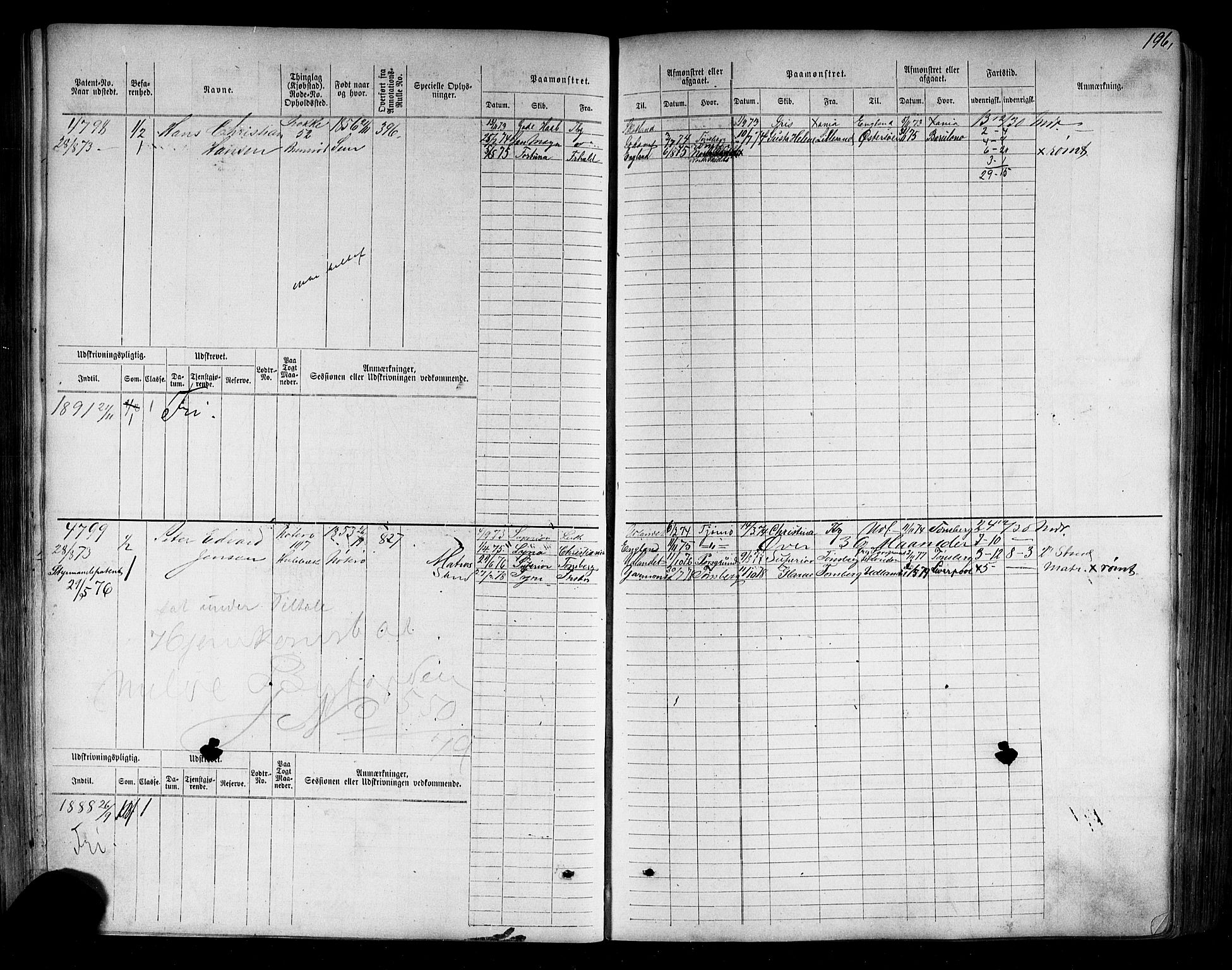 Tønsberg innrulleringskontor, SAKO/A-786/F/Fc/Fca/L0007: Hovedrulle Patent nr. 4408-5607, 1871-1876, s. 198