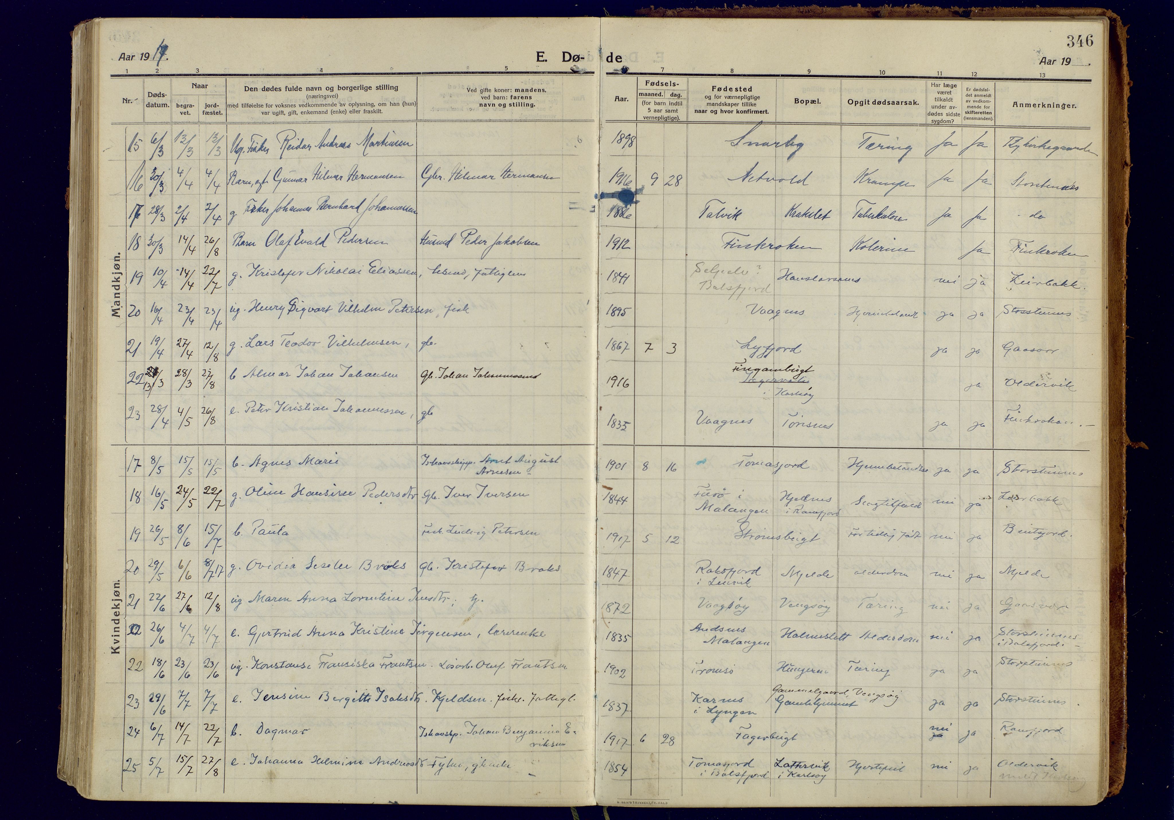 Tromsøysund sokneprestkontor, AV/SATØ-S-1304/G/Ga/L0008kirke: Ministerialbok nr. 8, 1914-1922, s. 346