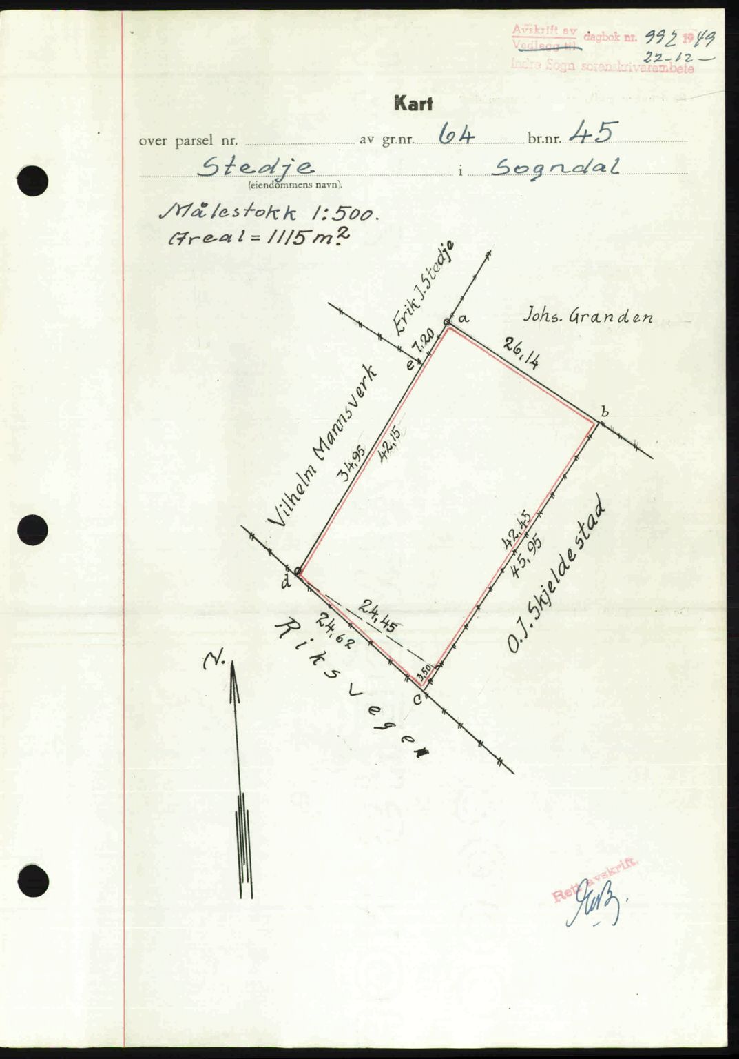 Indre Sogn tingrett, SAB/A-3301/1/G/Gb/Gbb/L0010: Pantebok nr. A10, 1949-1949, Dagboknr: 992/1949