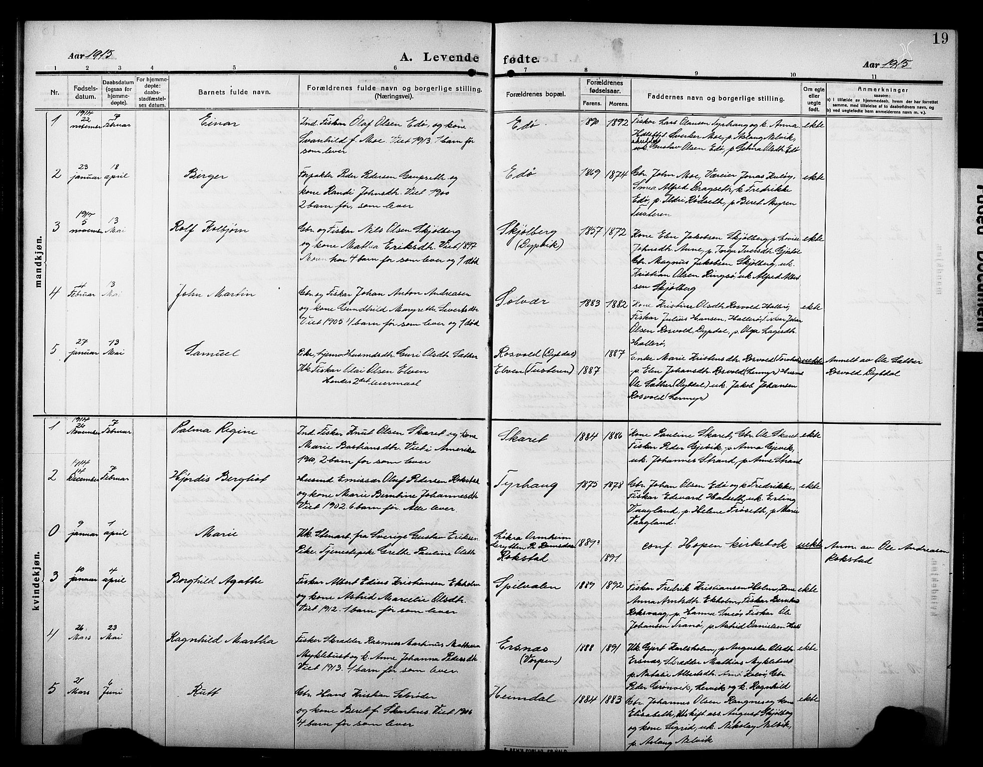 Ministerialprotokoller, klokkerbøker og fødselsregistre - Møre og Romsdal, SAT/A-1454/581/L0943: Klokkerbok nr. 581C01, 1909-1931, s. 19