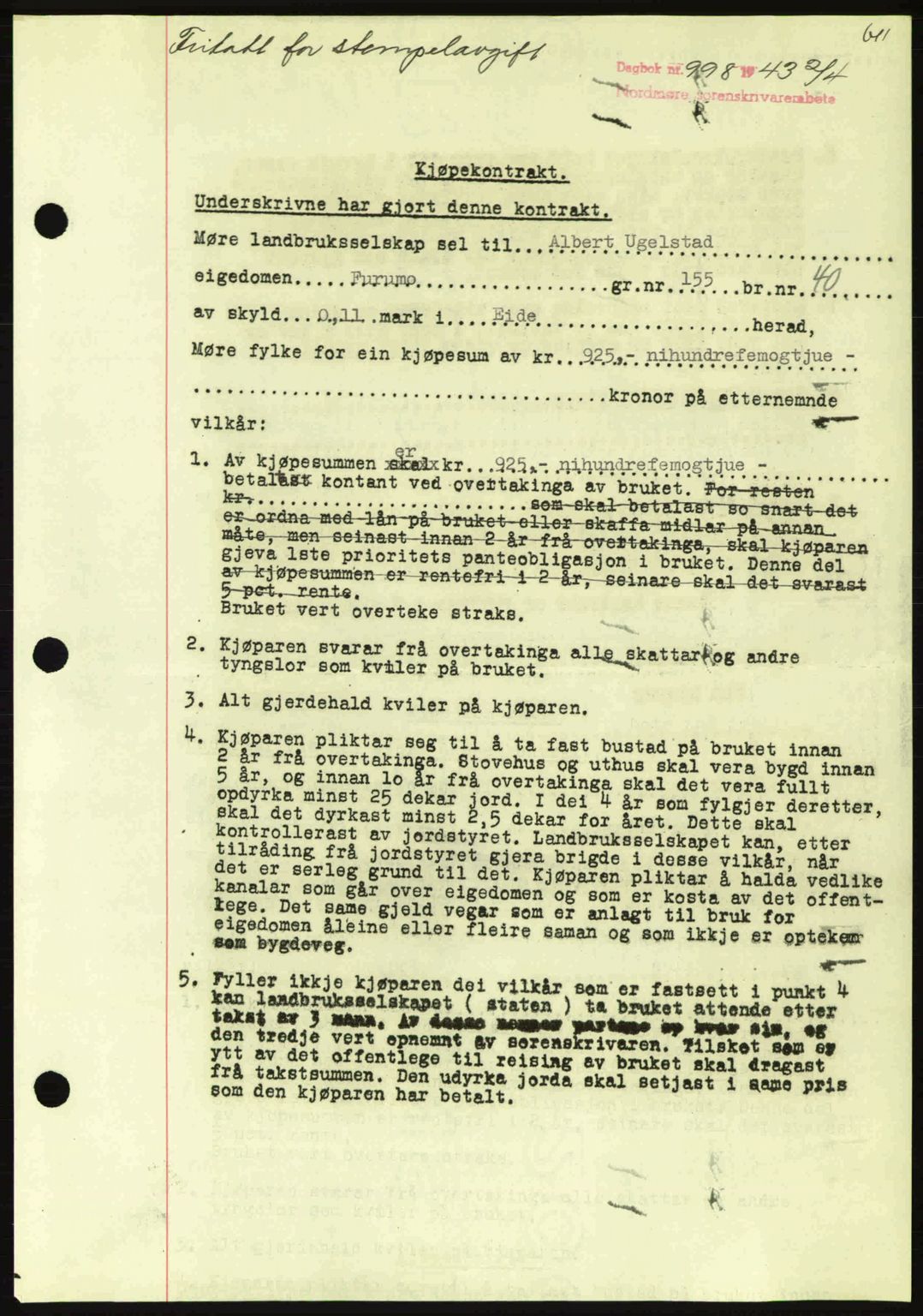 Nordmøre sorenskriveri, SAT/A-4132/1/2/2Ca: Pantebok nr. B90, 1942-1943, Dagboknr: 998/1943