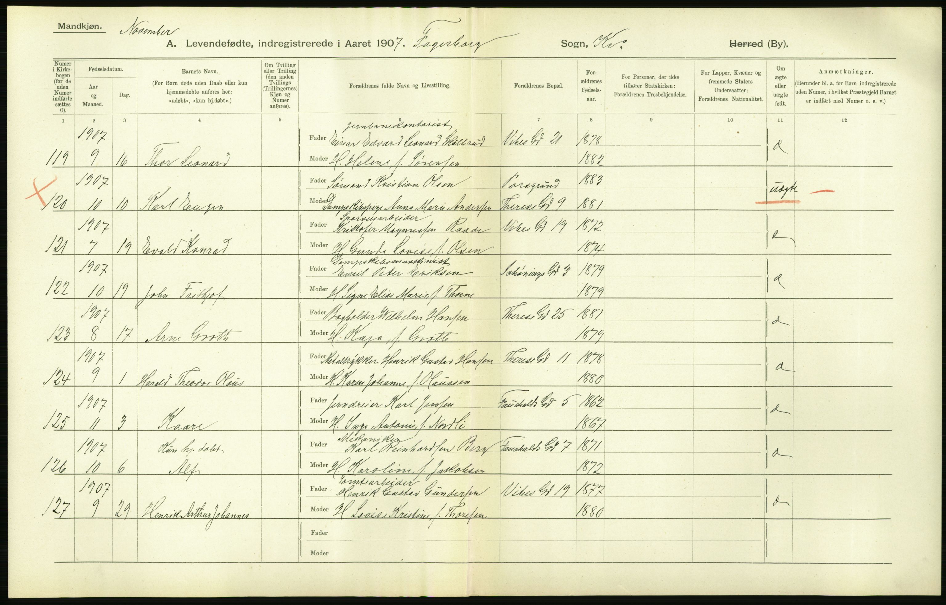 Statistisk sentralbyrå, Sosiodemografiske emner, Befolkning, AV/RA-S-2228/D/Df/Dfa/Dfae/L0006: Kristiania: Levendefødte menn og kvinner., 1907, s. 134